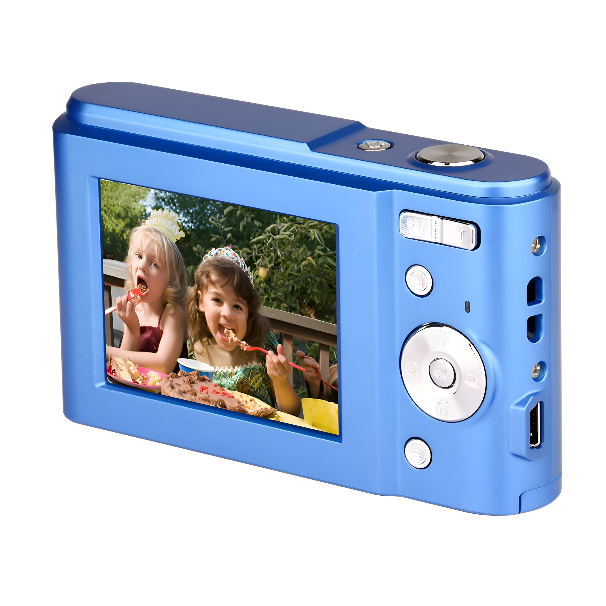 Blaue Digitalkamera mit zwei Mädchen, die Kuchen essen.