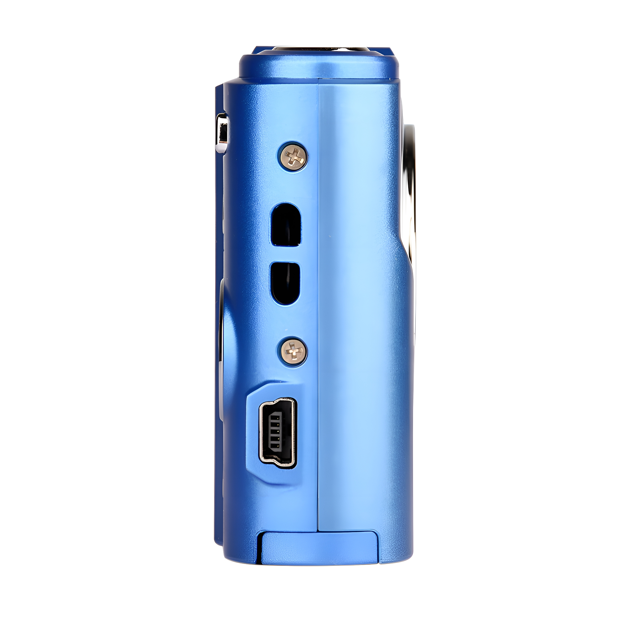 Blaue Digitalkamera Seitenansicht mit USB-Anschluss und verschiedenen Tasten.