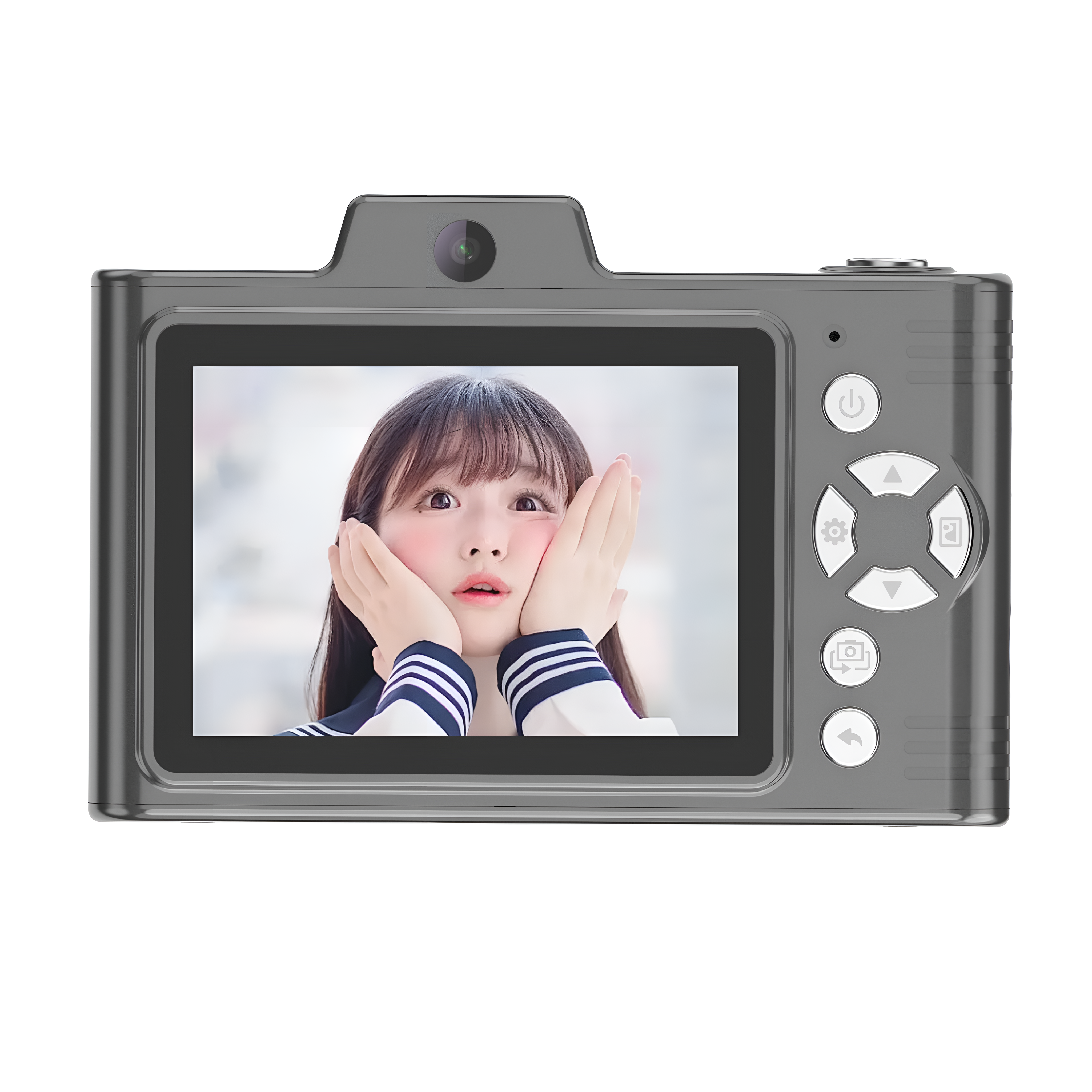 Eine Digitalkamera zeigt ein Bild eines Mädchens mit Händen im Gesicht. Die Kamera ist grau auf weißem Hintergrund.