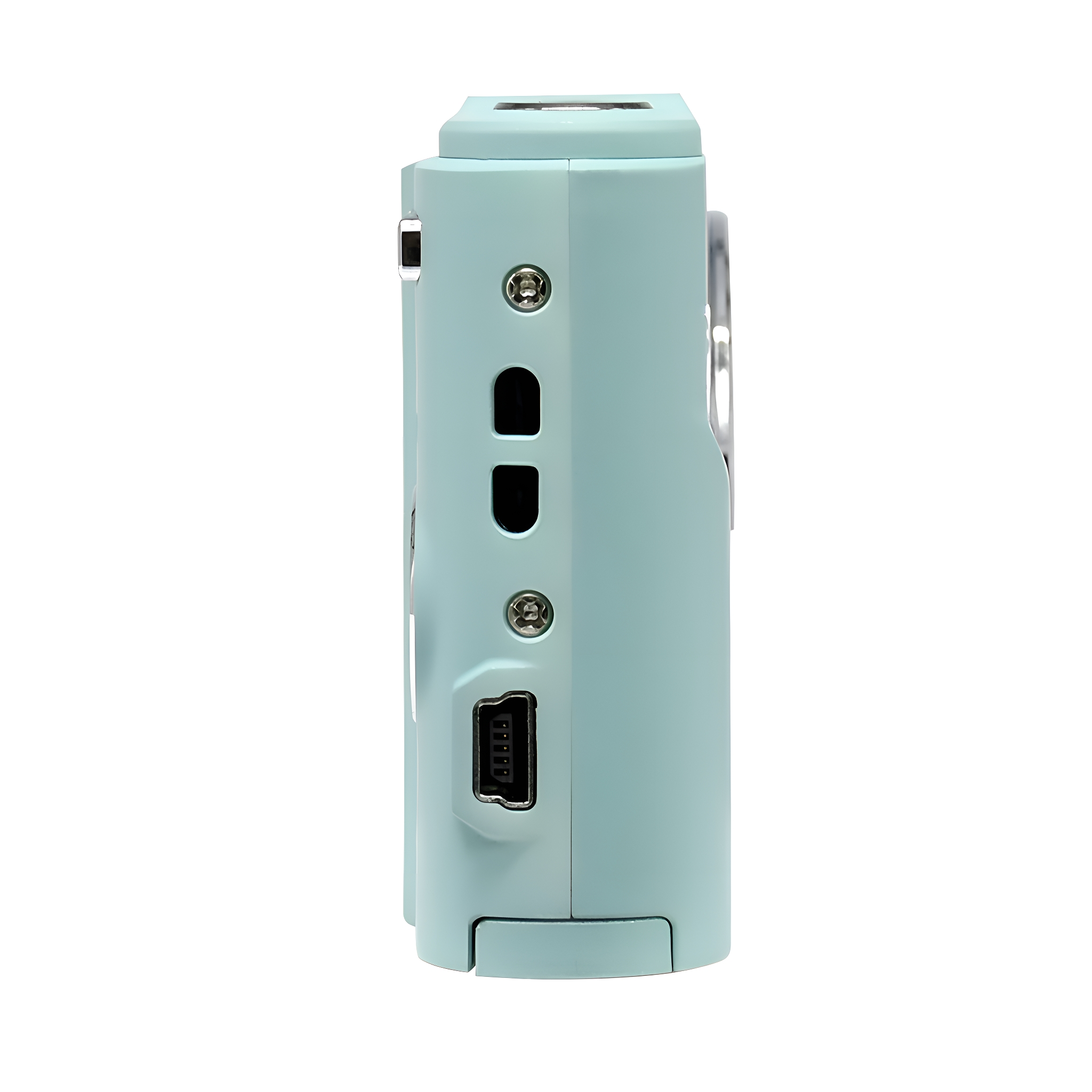 Mintfarbene Kamera mit USB-Anschluss. Die Kamera hat mehrere Tasten und ein Objektiv. Weißer Hintergrund.