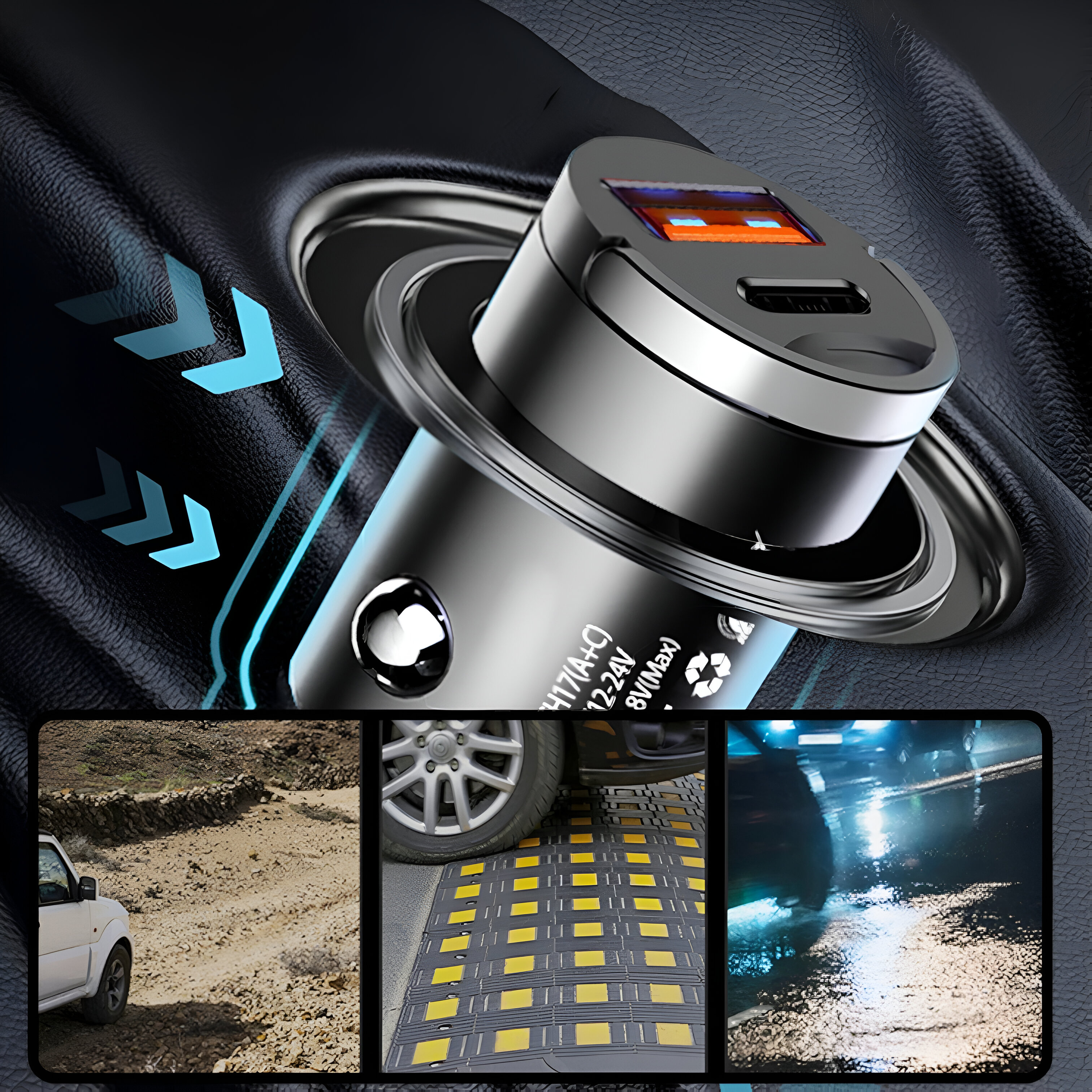 Cargador de coche con puertos USB. Conectado al encendedor del coche. Tres imágenes debajo.