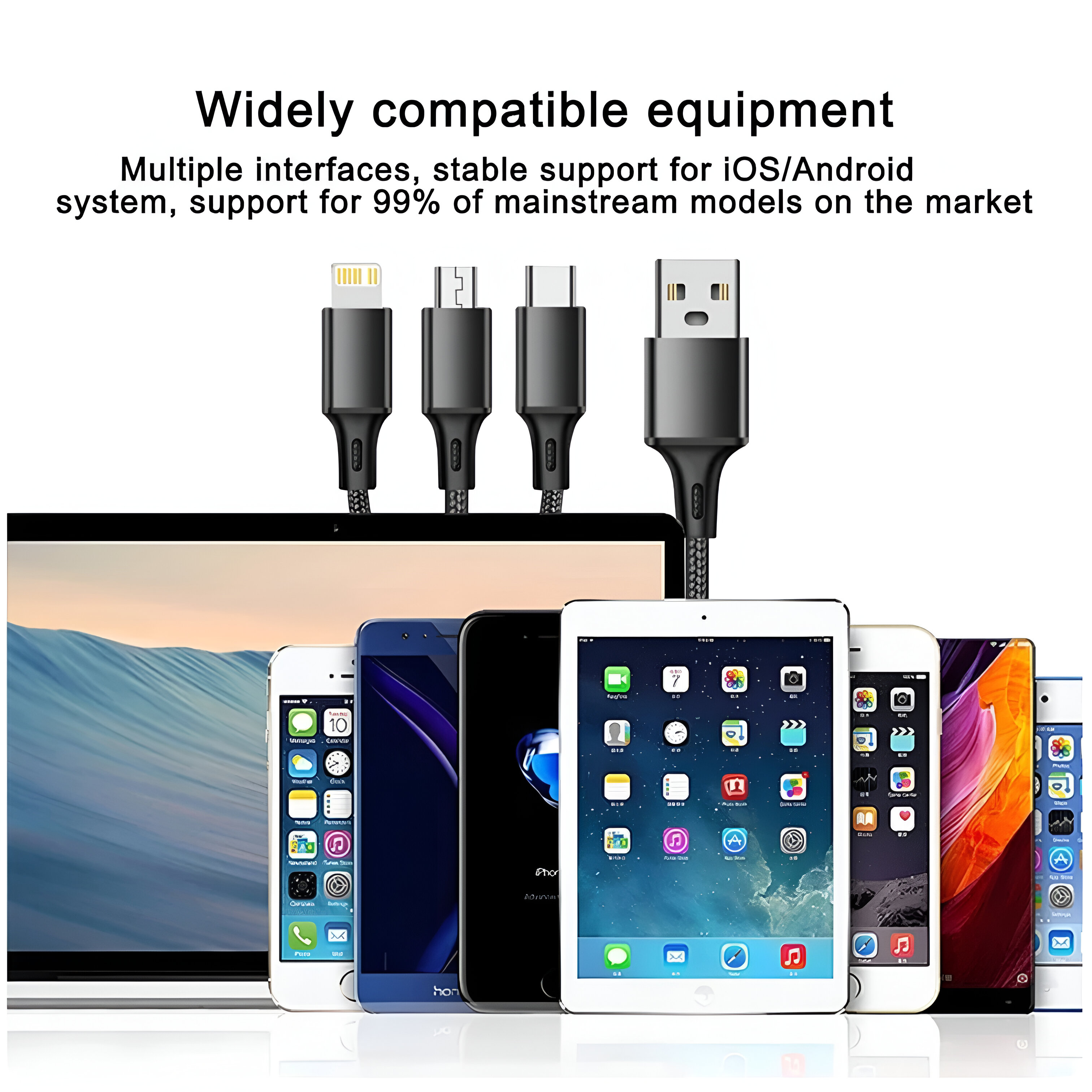 Varios dispositivos conectados a un cable negro con diferentes conectores. Tabletas y teléfonos.