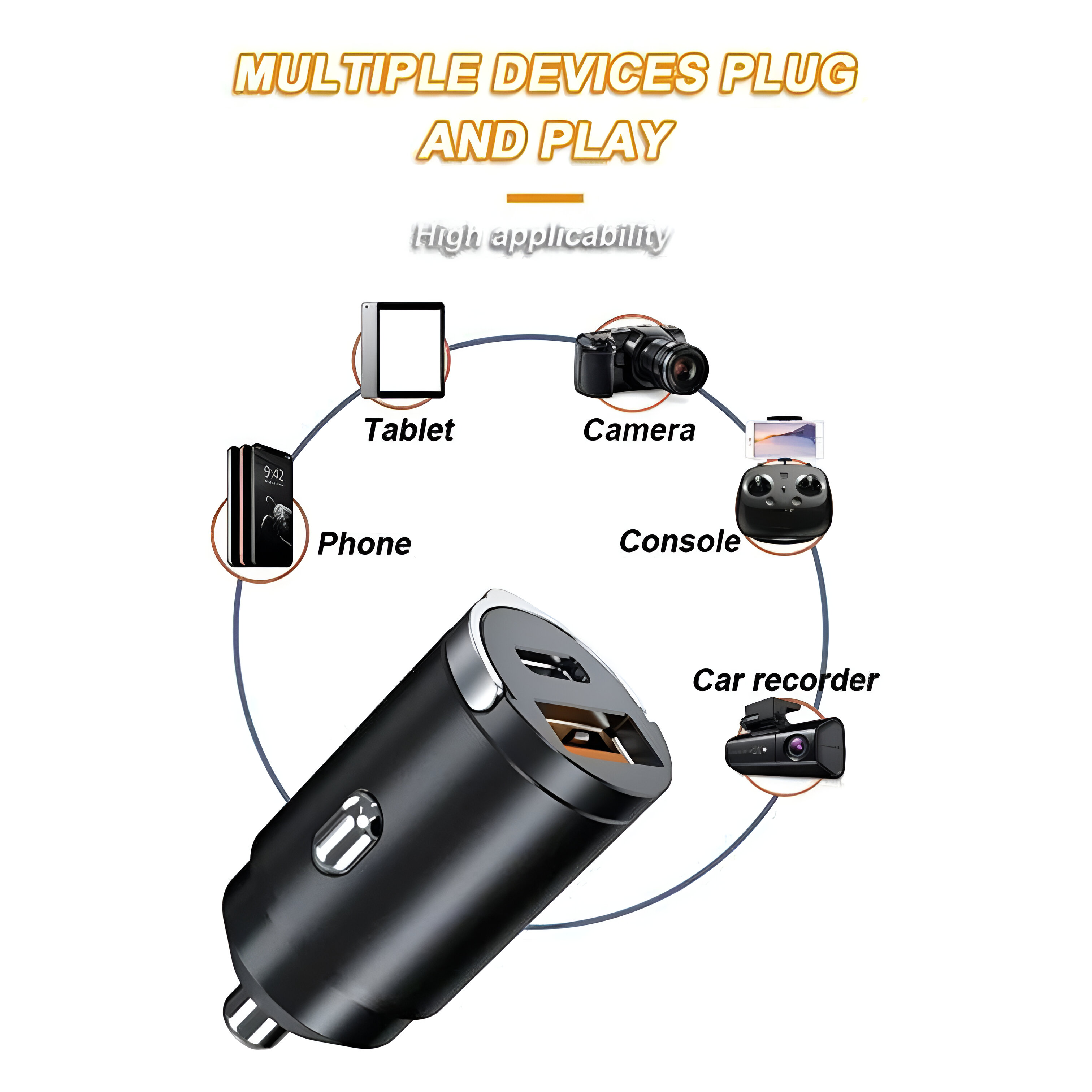 Cargador de coche negro con varios dispositivos alrededor. Incluye tableta, teléfono, cámara, consola y grabadora.