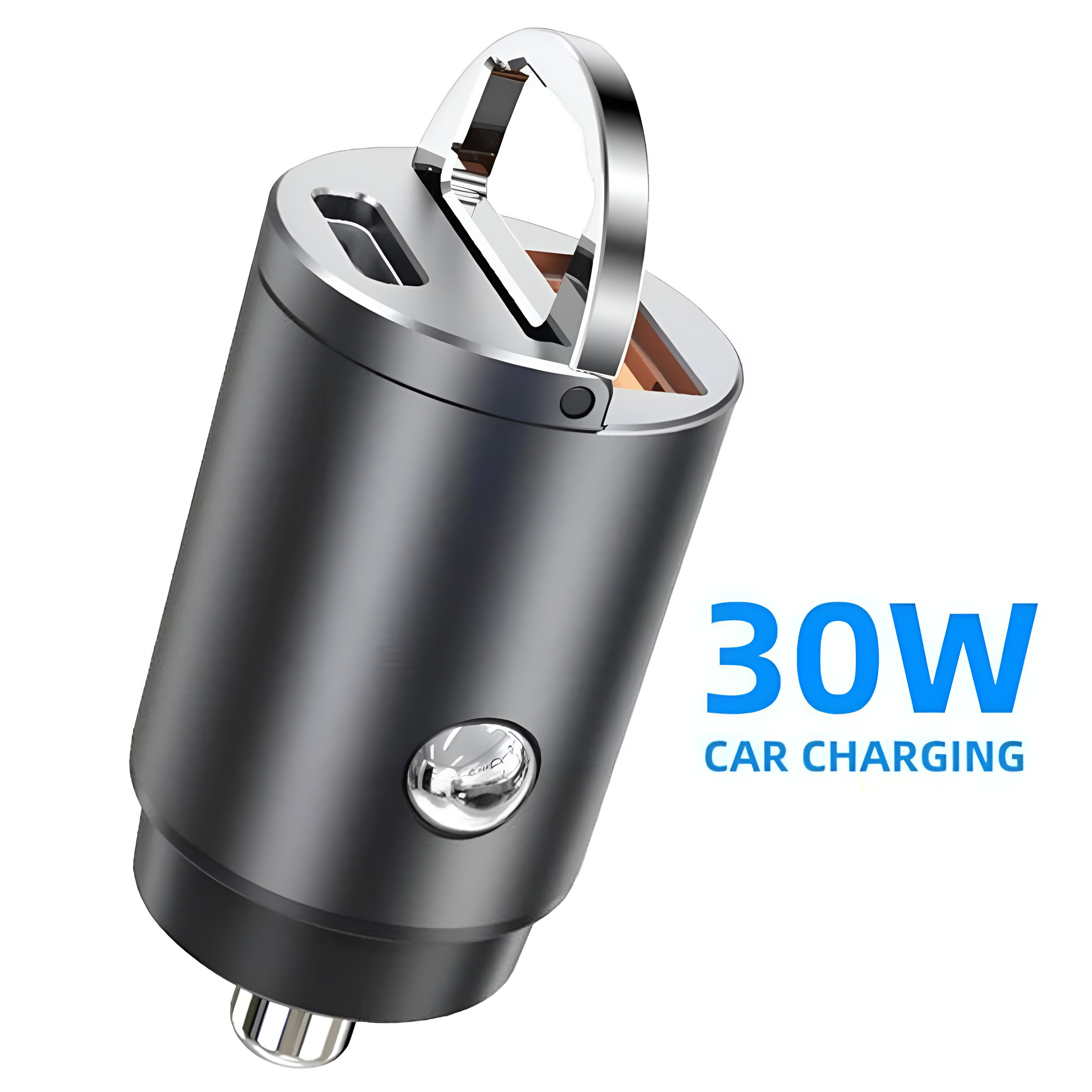 Cargador de coche negro con un bucle de metal y el texto 30W Car Charging. Fondo blanco.