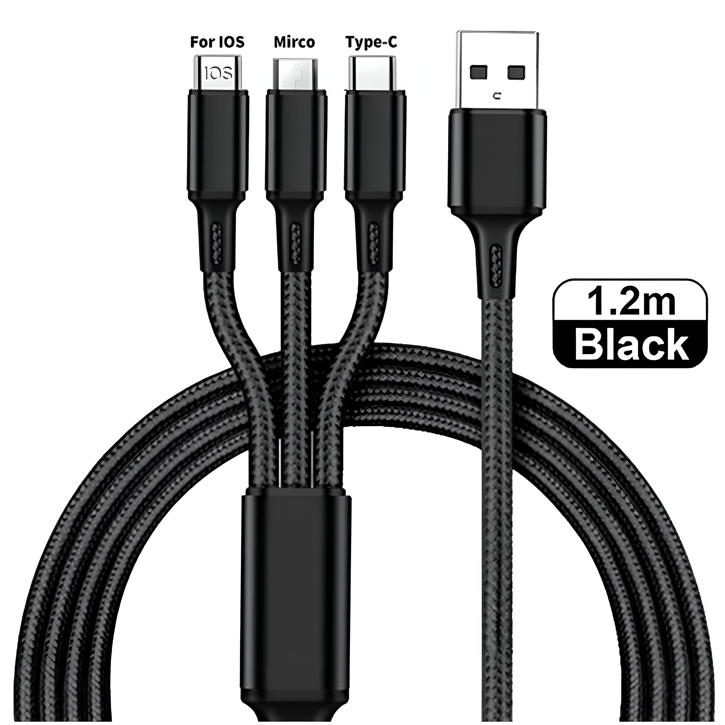 Cable de carga multi-conector negro con USB, Micro y Tipo-C.