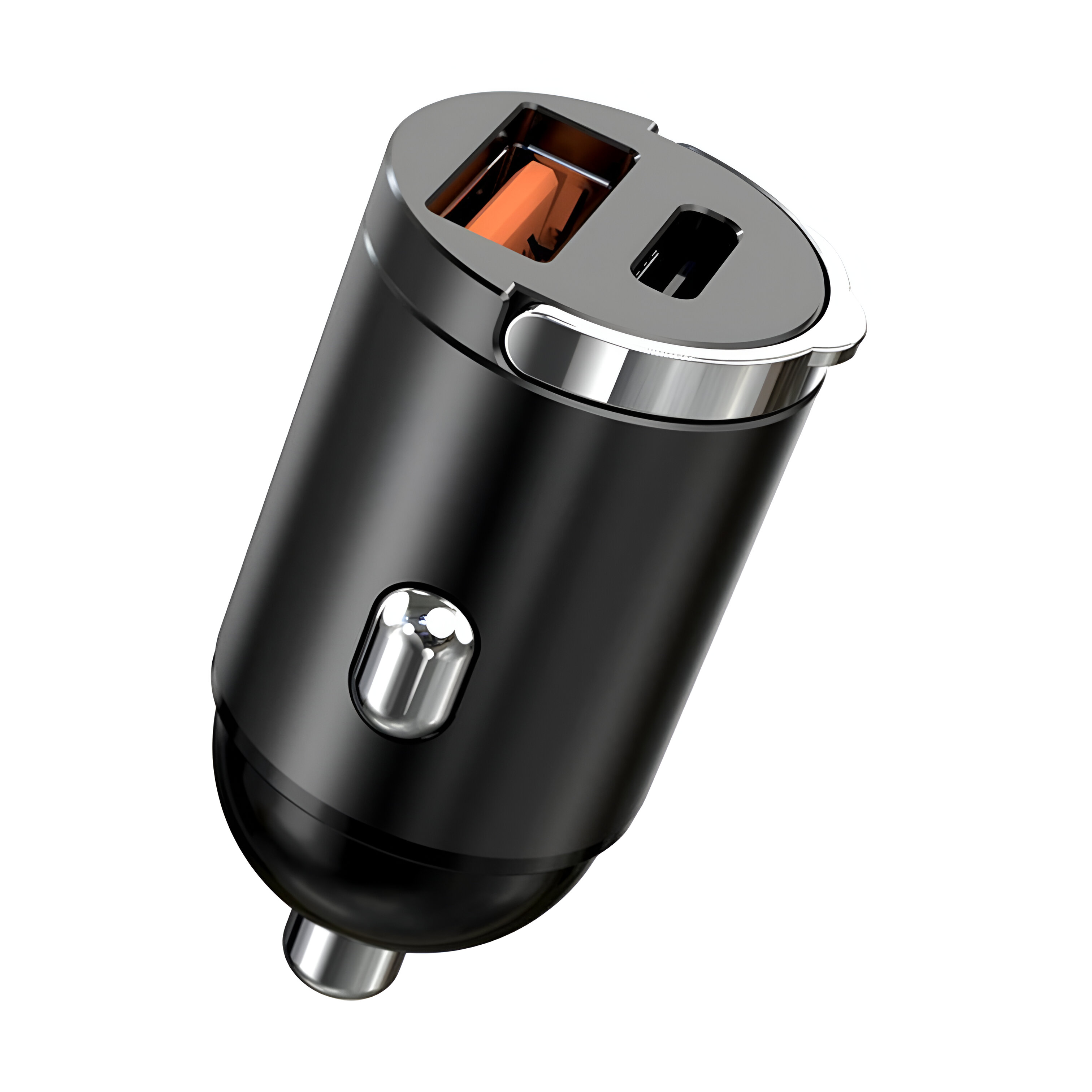 Un cargador de coche negro con dos puertos USB, un acento plateado y un botón.