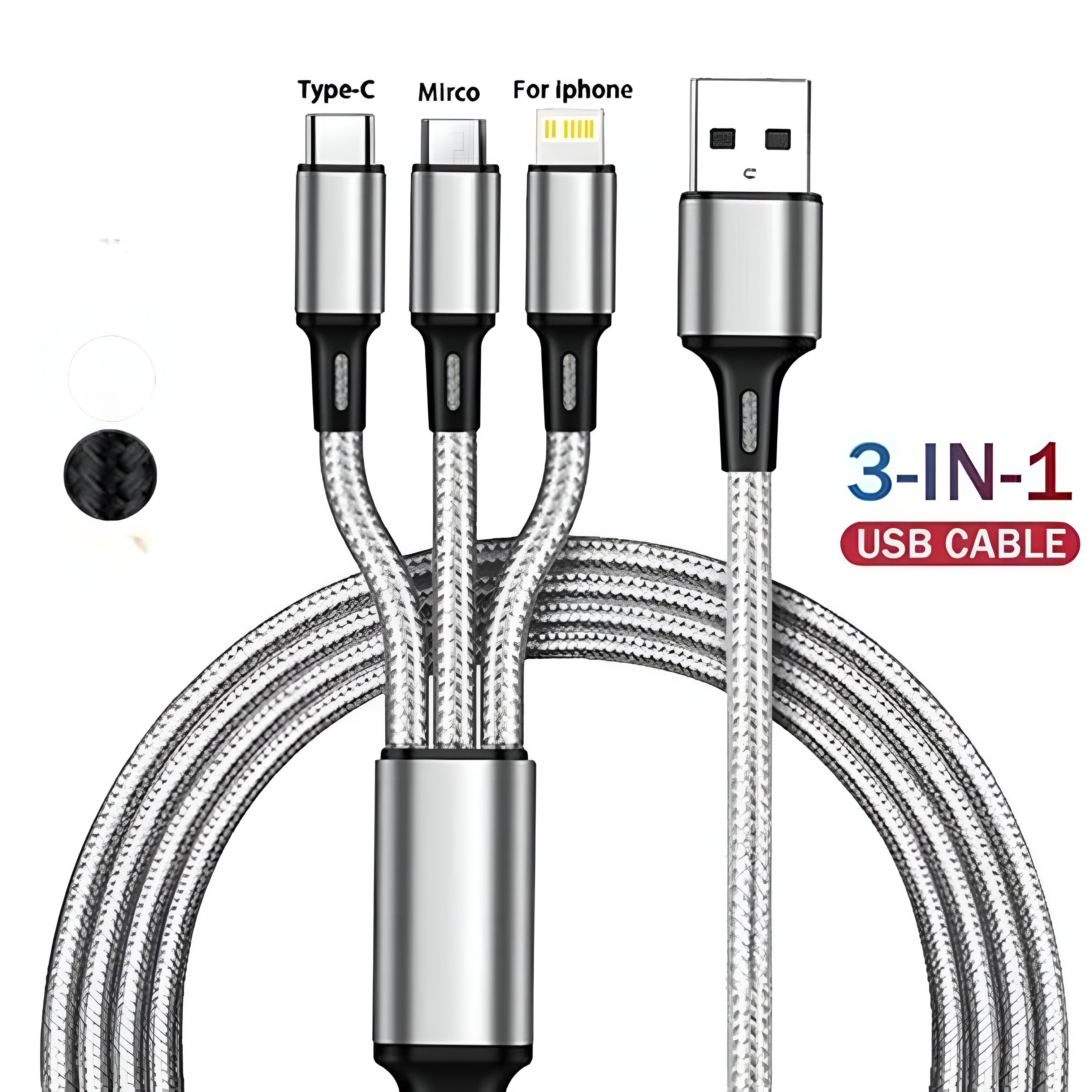 Cable USB 3 en 1 con varios conectores, diseño plateado y negro.