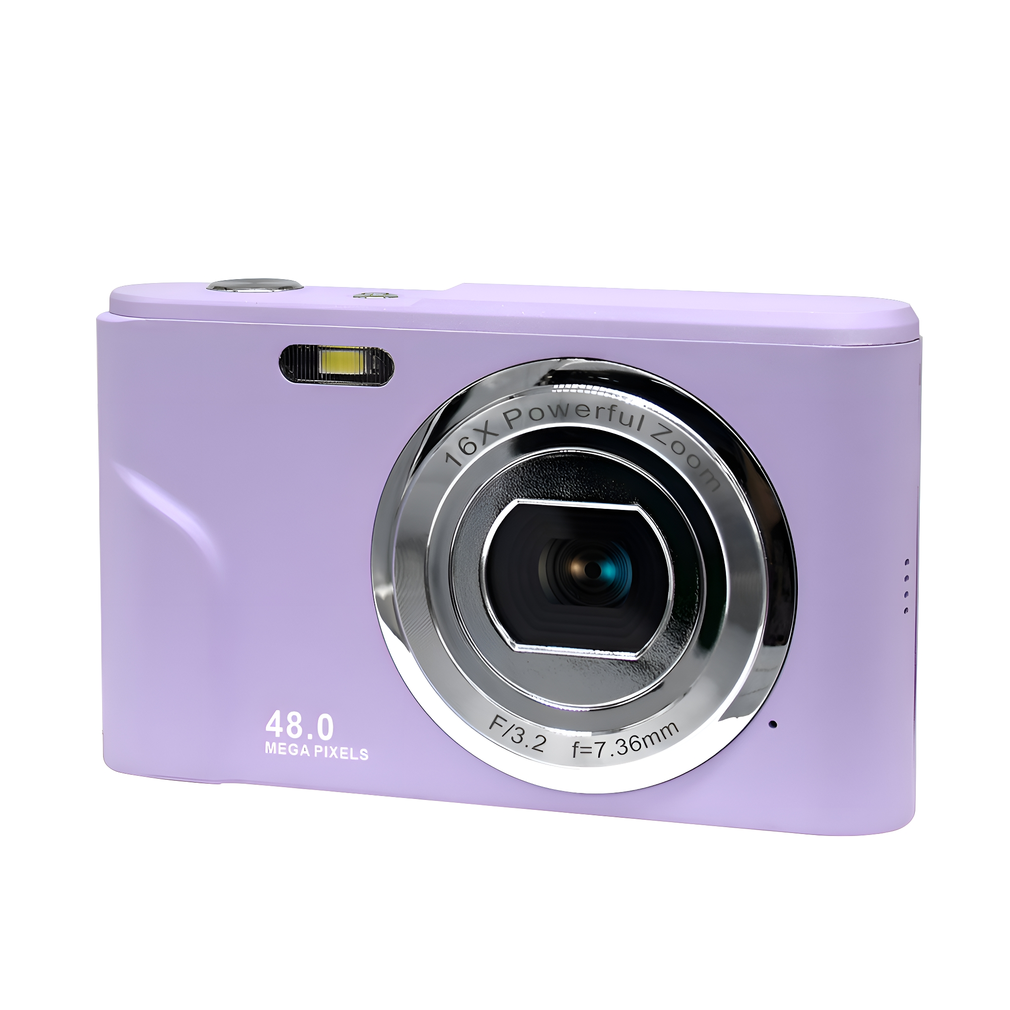 Eine lila Digitalkamera mit silbernen Details und dem Text '16X Powerful zoom'.