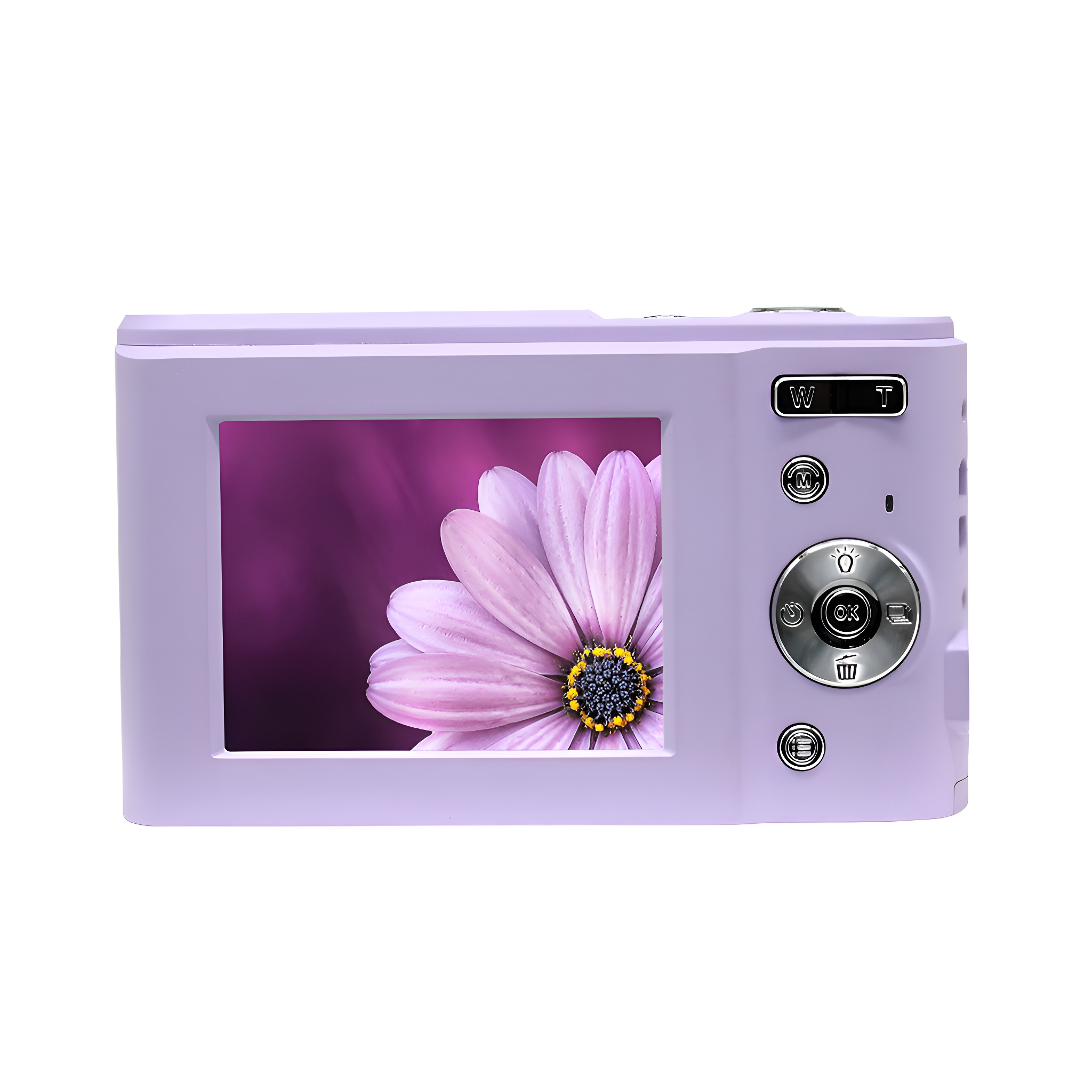 Violette Digitalkamera, die ein Blumenbild auf ihrem Bildschirm anzeigt. Knöpfe und Bedienelemente sind sichtbar.