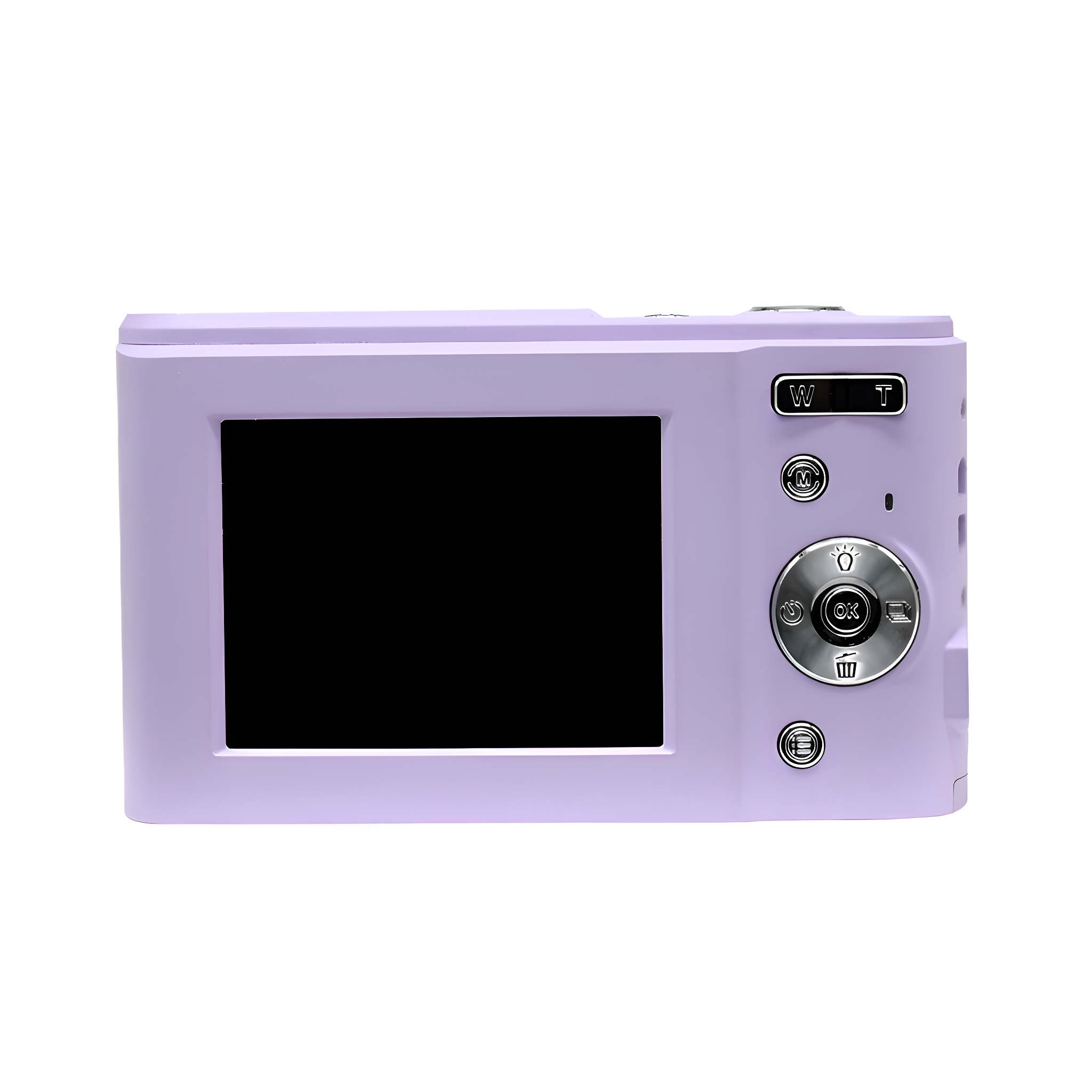 Eine lavendelfarbene Digitalkamera mit einem Bildschirm, der ein schwarzes Display zeigt, Knöpfe auf der Rückseite.