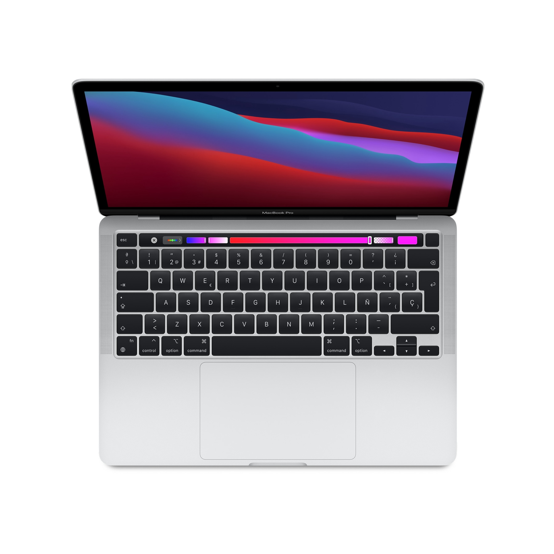 Portátil plateado con la pantalla abierta, mostrando una pantalla colorida y teclado debajo.
