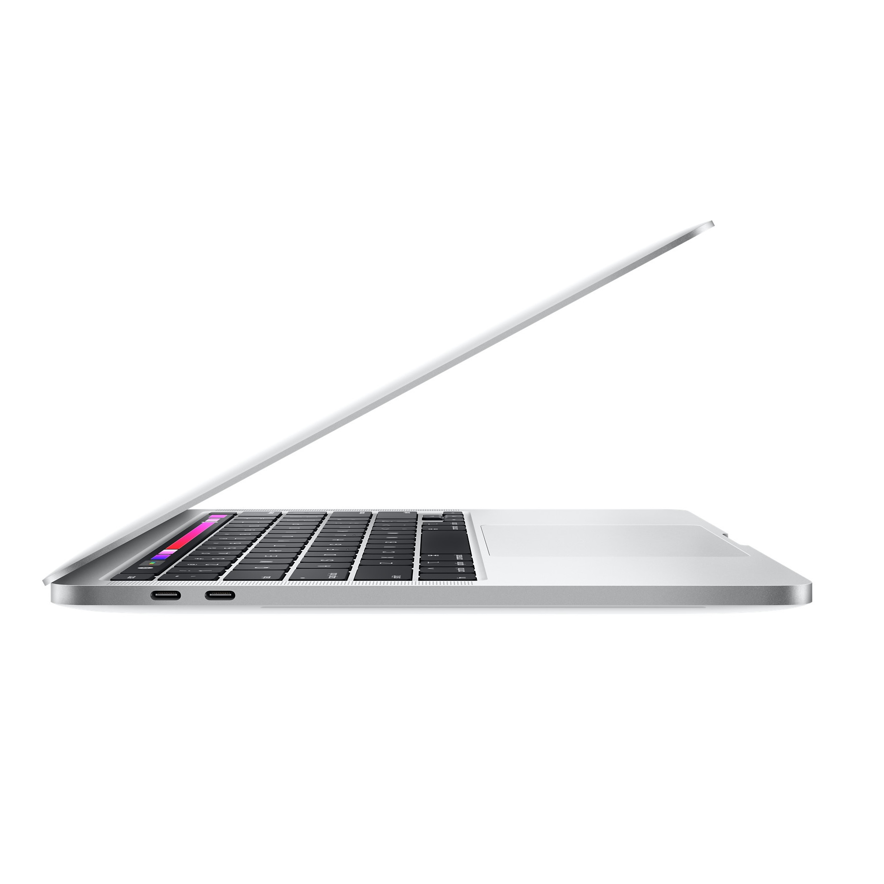 Un portátil plateado, parcialmente abierto, mostrando el teclado, el trackpad y la pantalla.