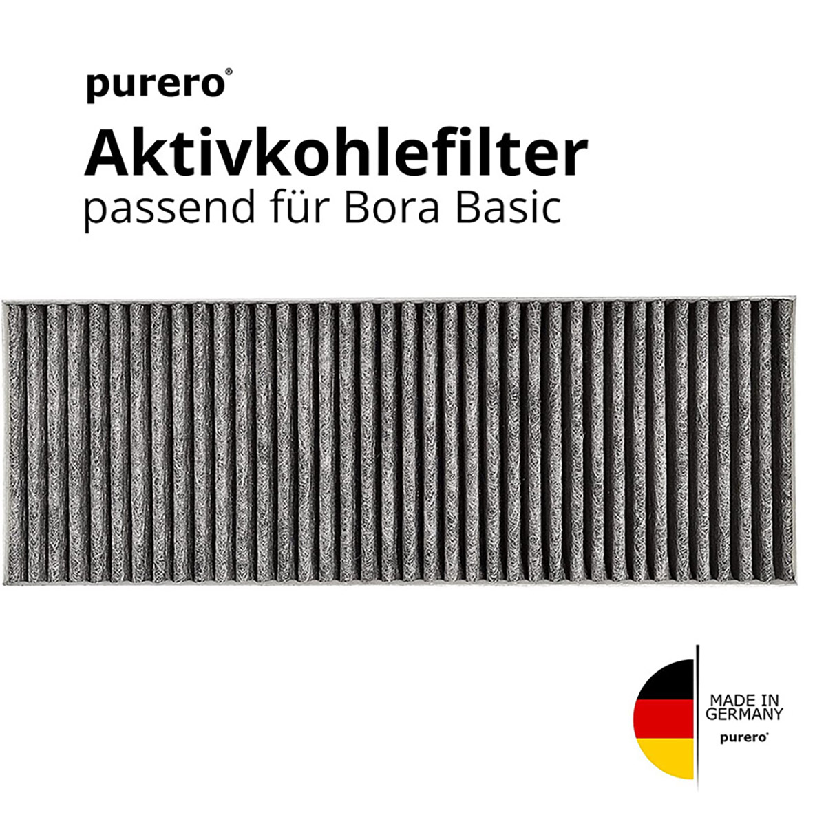 Filtre à air rectangulaire avec lignes grises verticales, texte ci-dessus : Aktivkohlefilter.