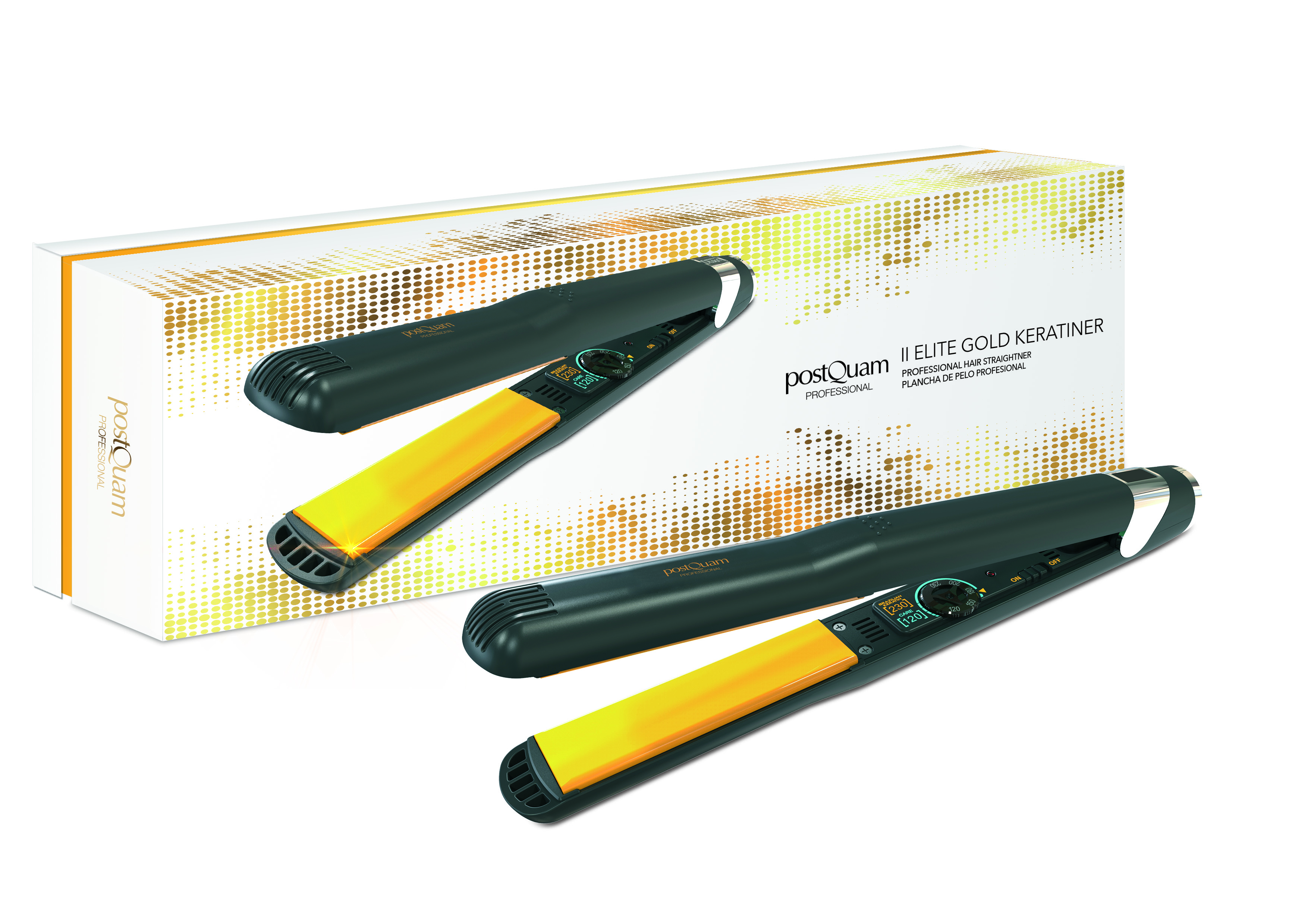 Prostownica do włosów z żółtymi płytkami i czarnym uchwytem, wystawiona z pudełkiem.