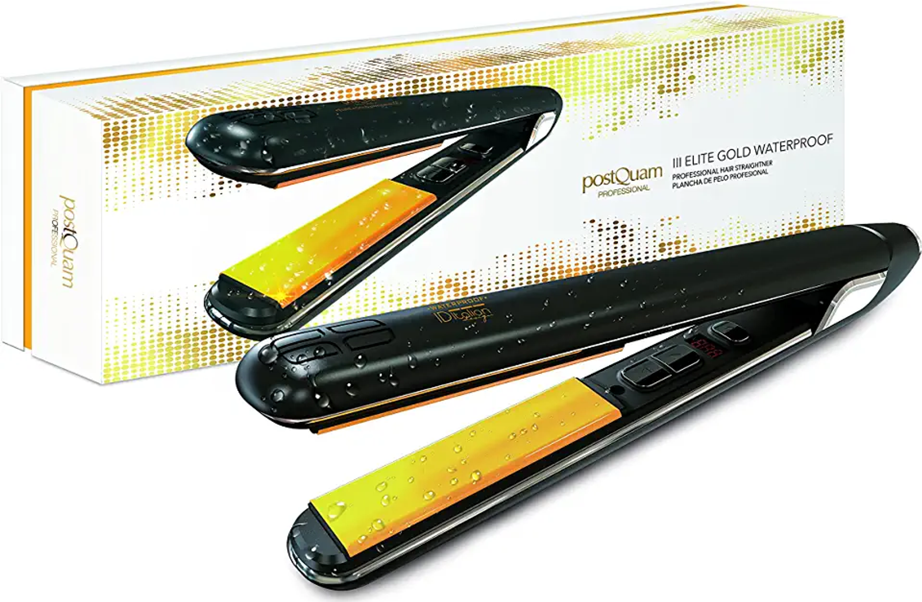 Czarna i złota prostownica do włosów z pudełkiem. Ma żółte płytki. To profesjonalna prostownica do włosów.