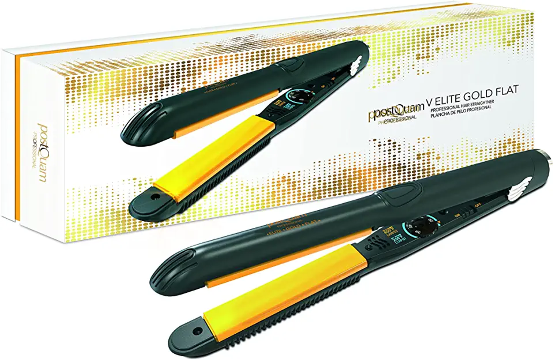 Czarne i żółte prostownice do włosów oraz pudełko ze złotymi detalami na białym tle.
