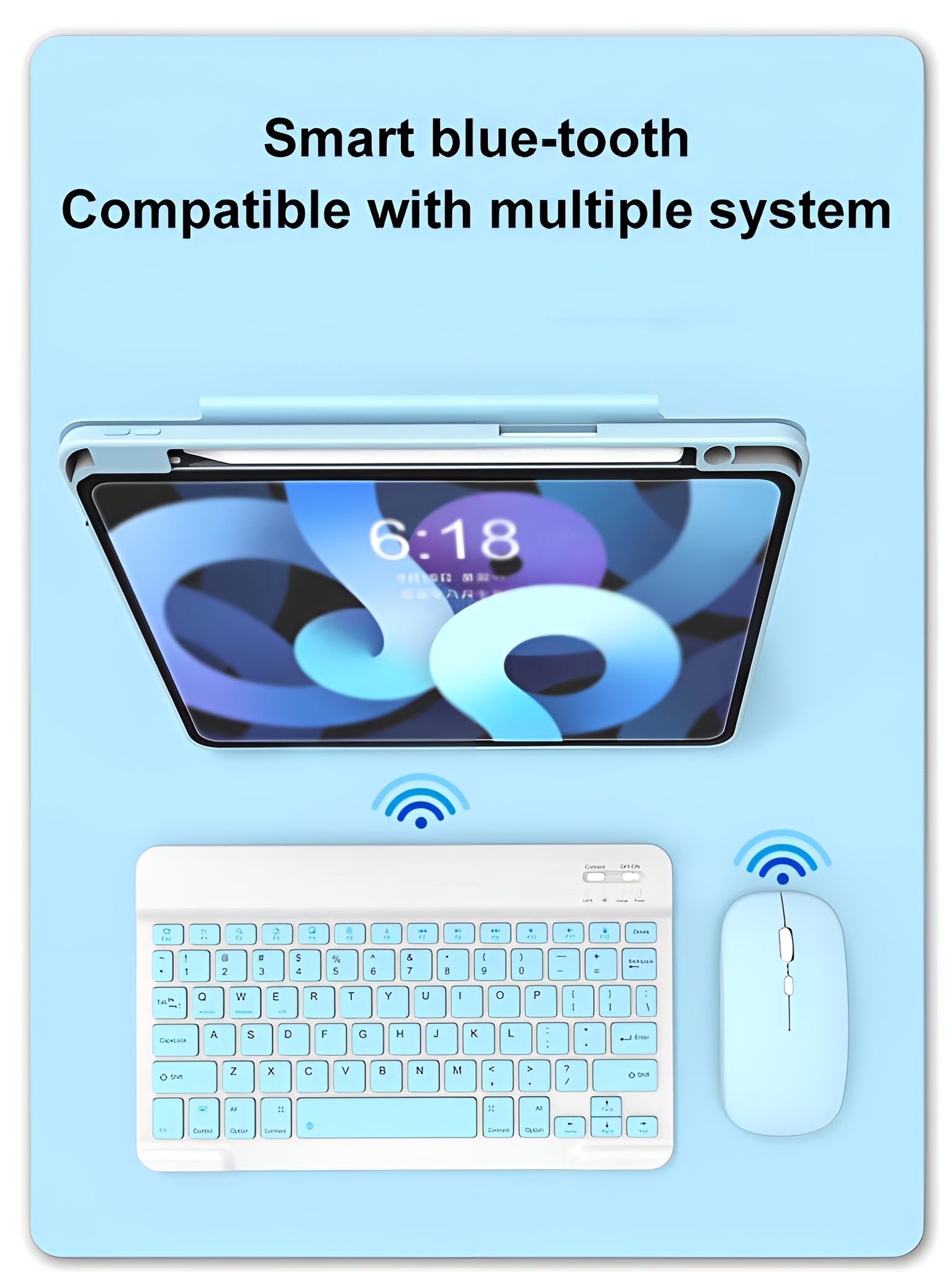 Ein Tablet, eine Tastatur und eine Maus, alles hellblau. Das Tablet liegt auf der Tastatur.