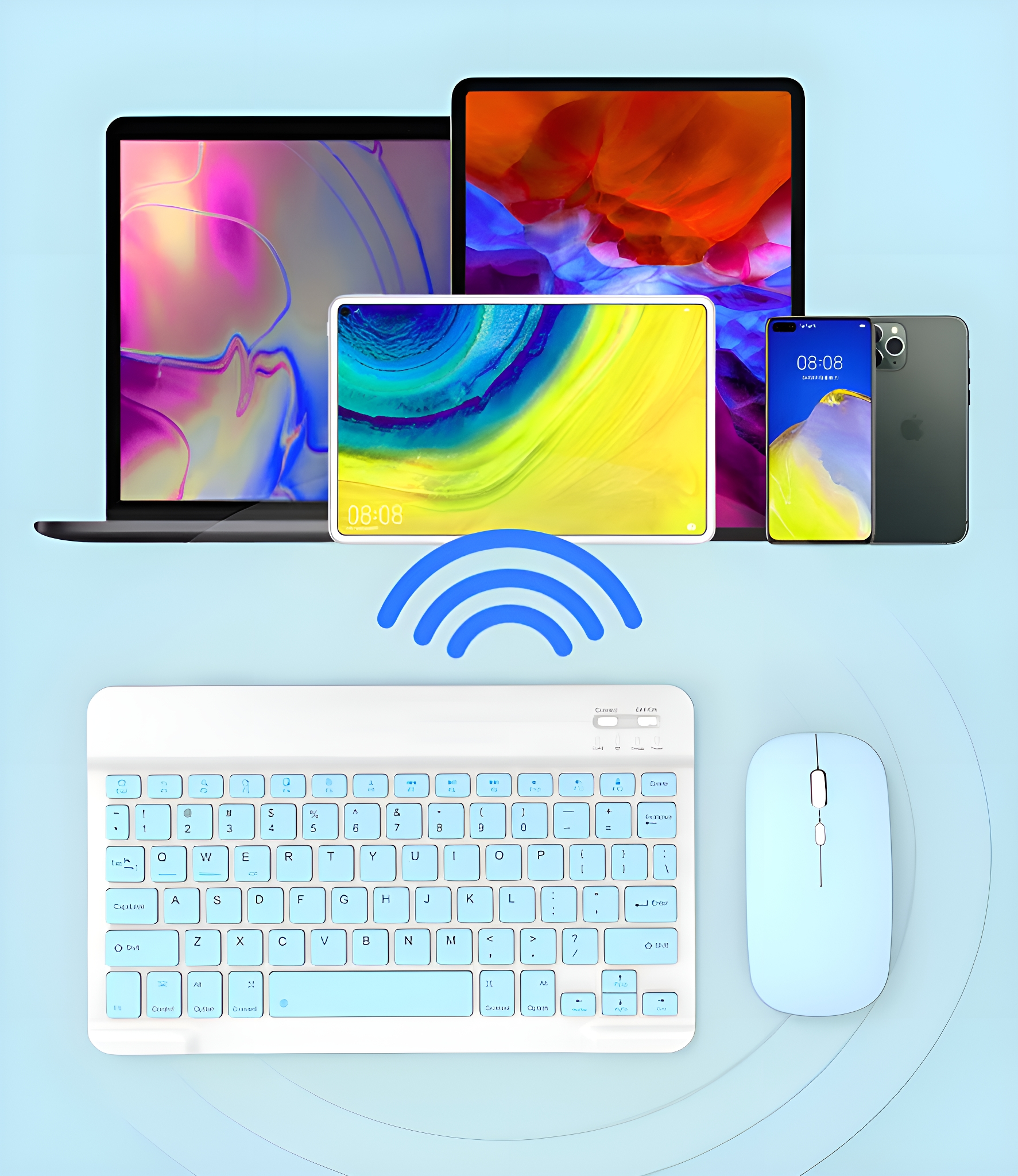 Ein Laptop, ein Tablet und zwei Smartphones werden mit einer Tastatur und einer Maus in Blau gezeigt.