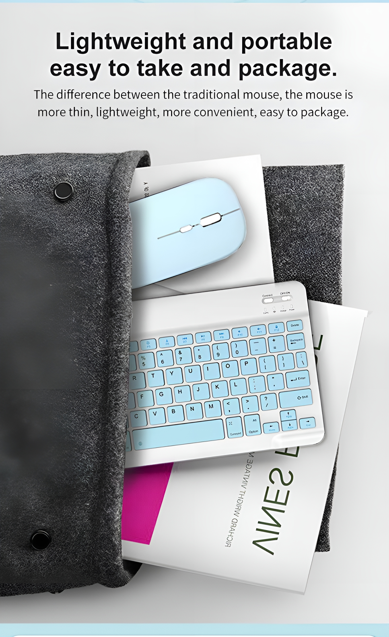 Eine graue Hülle, die eine blaue Maus, eine Tastatur und Papiere enthält. Die Tastatur hat blaue Tasten.