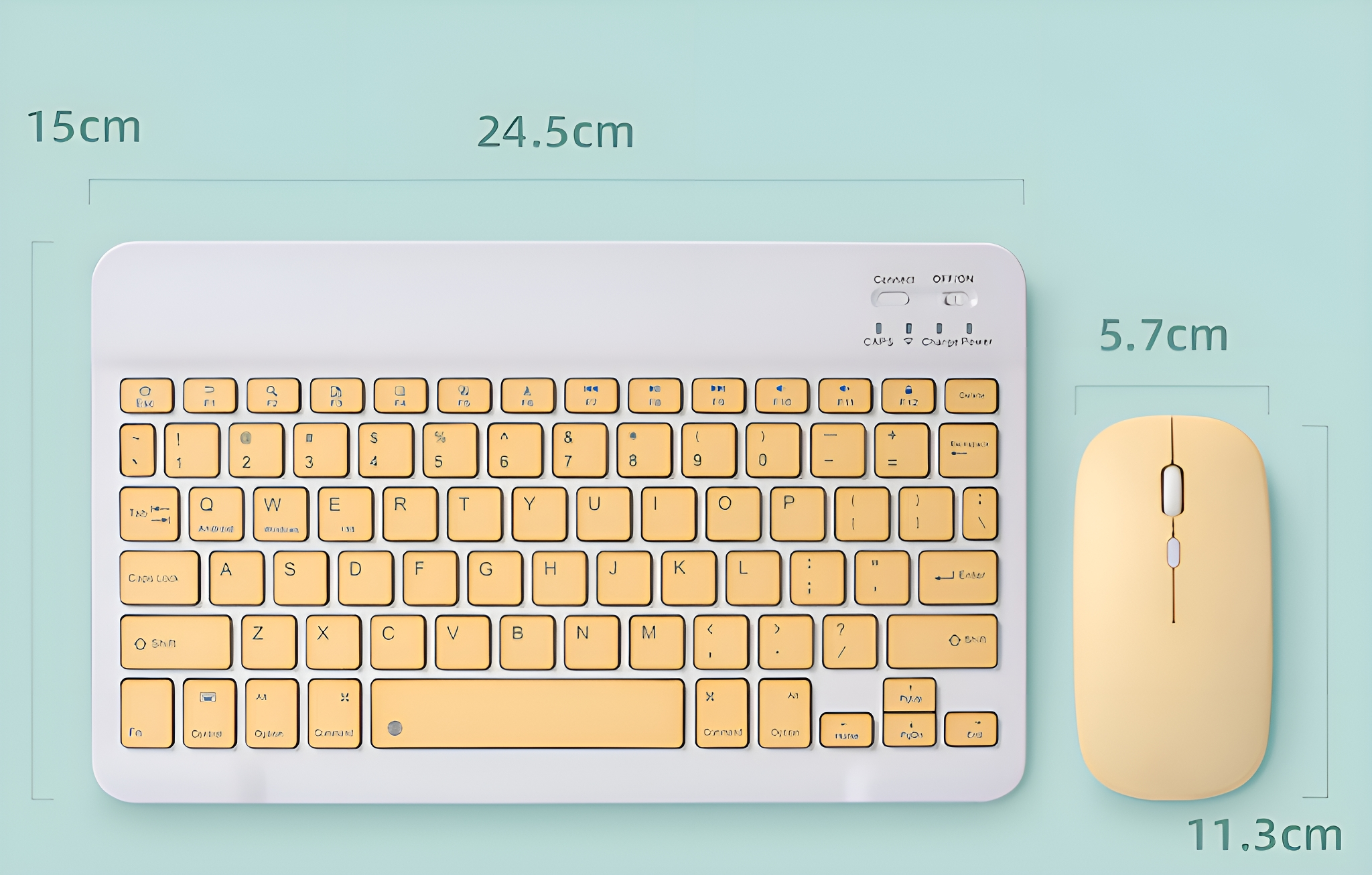 Ein weißes und gelbes drahtloses Tastatur- und Maus-Set, mit den angegebenen Abmessungen.