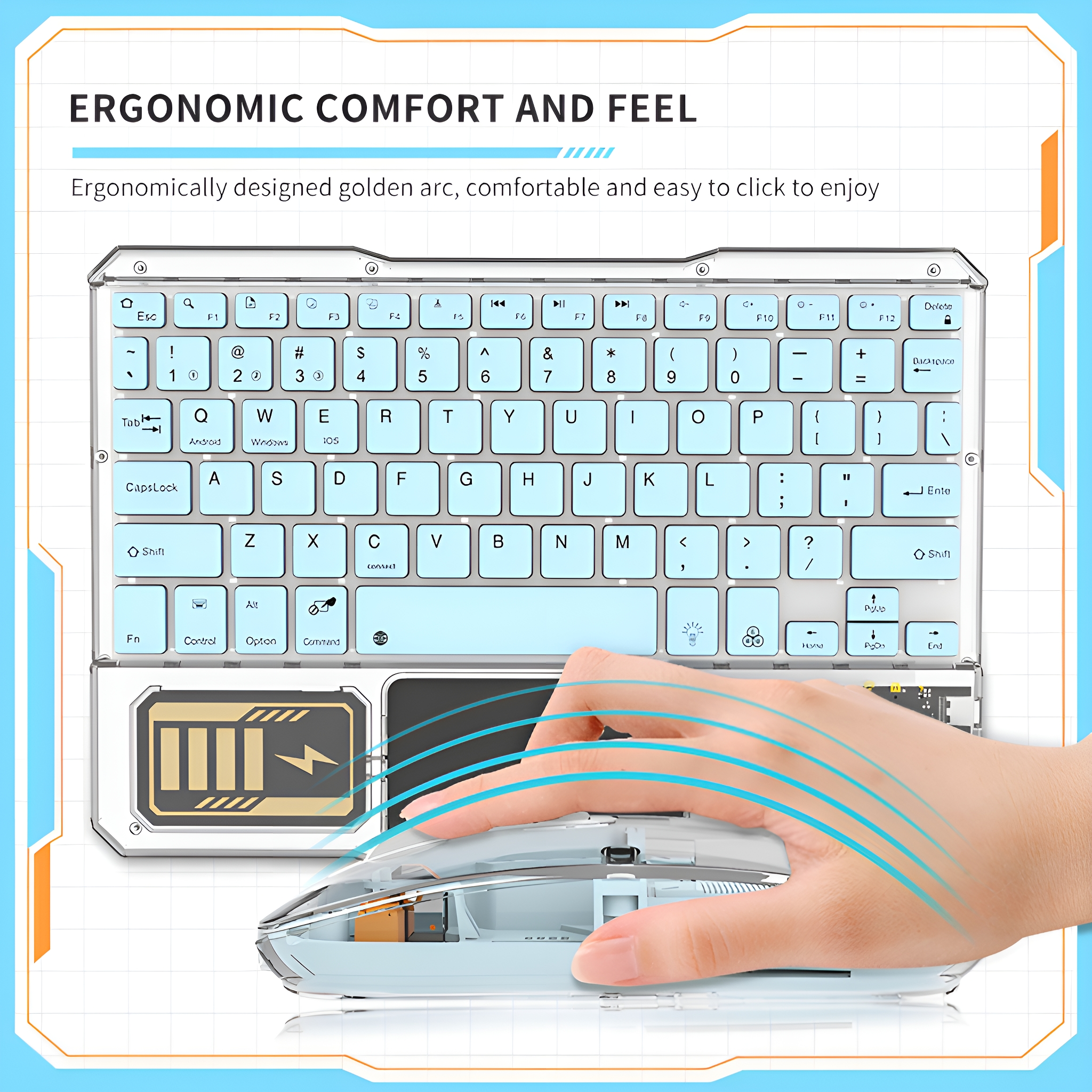 Eine Hand berührt eine Tastatur und Maus, die das ergonomische Design und das Gefühl des Produkts zeigen.