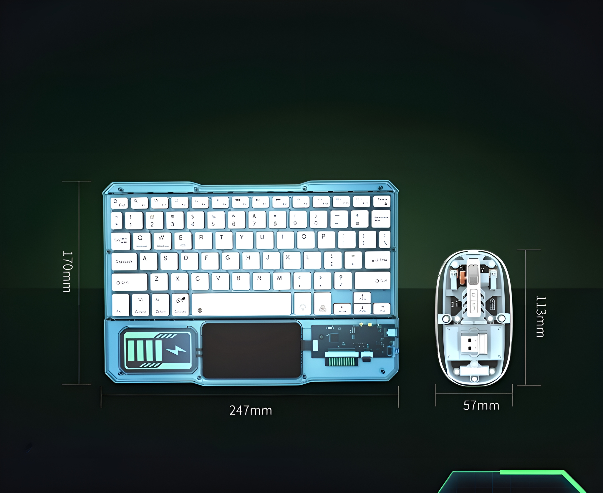 Blaue und weiße Tastatur und Maus. Die Tastatur hat Maße. Schwarzer Hintergrund.
