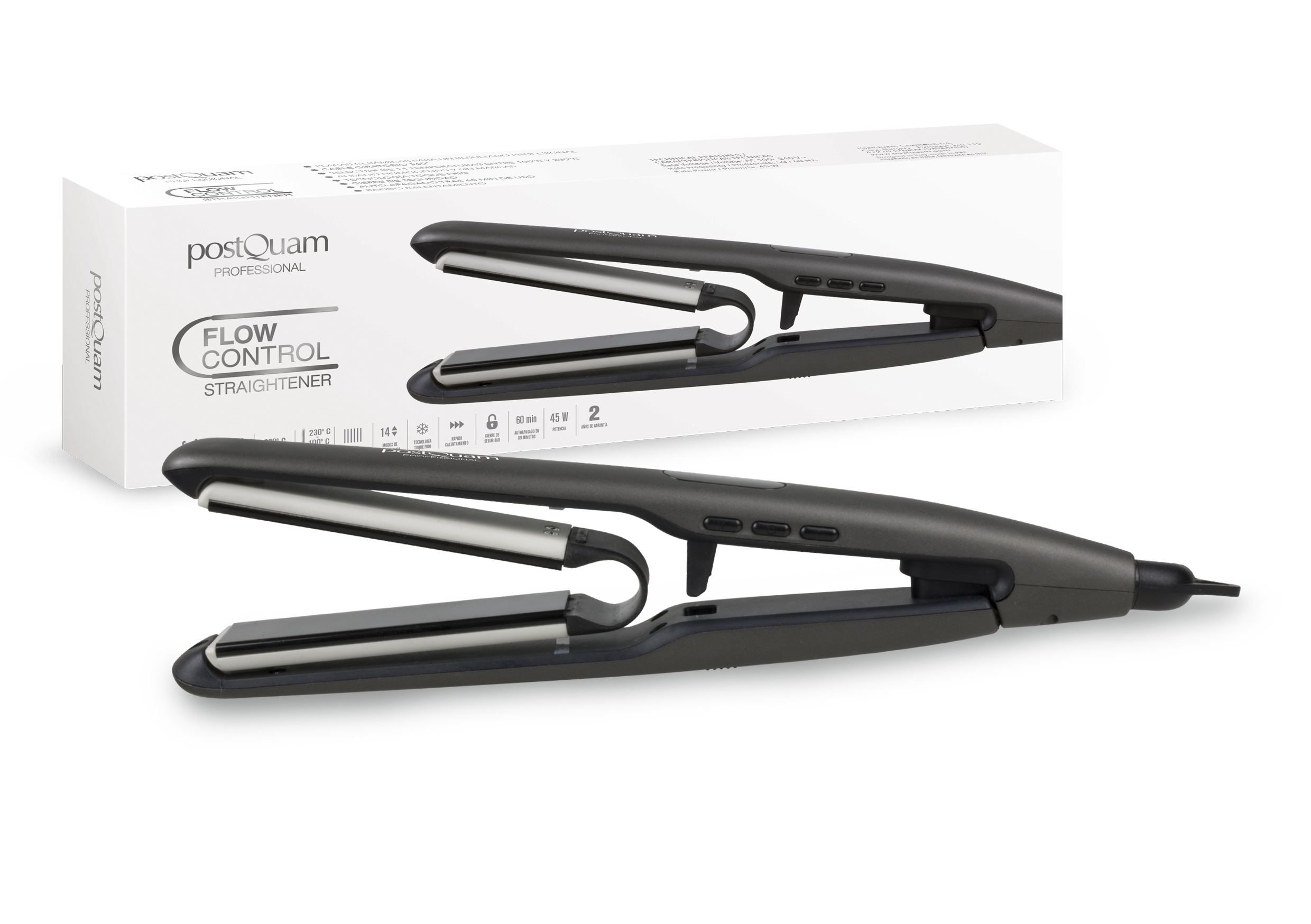 Prostownica do włosów i jej pudełko, oba na białej powierzchni.