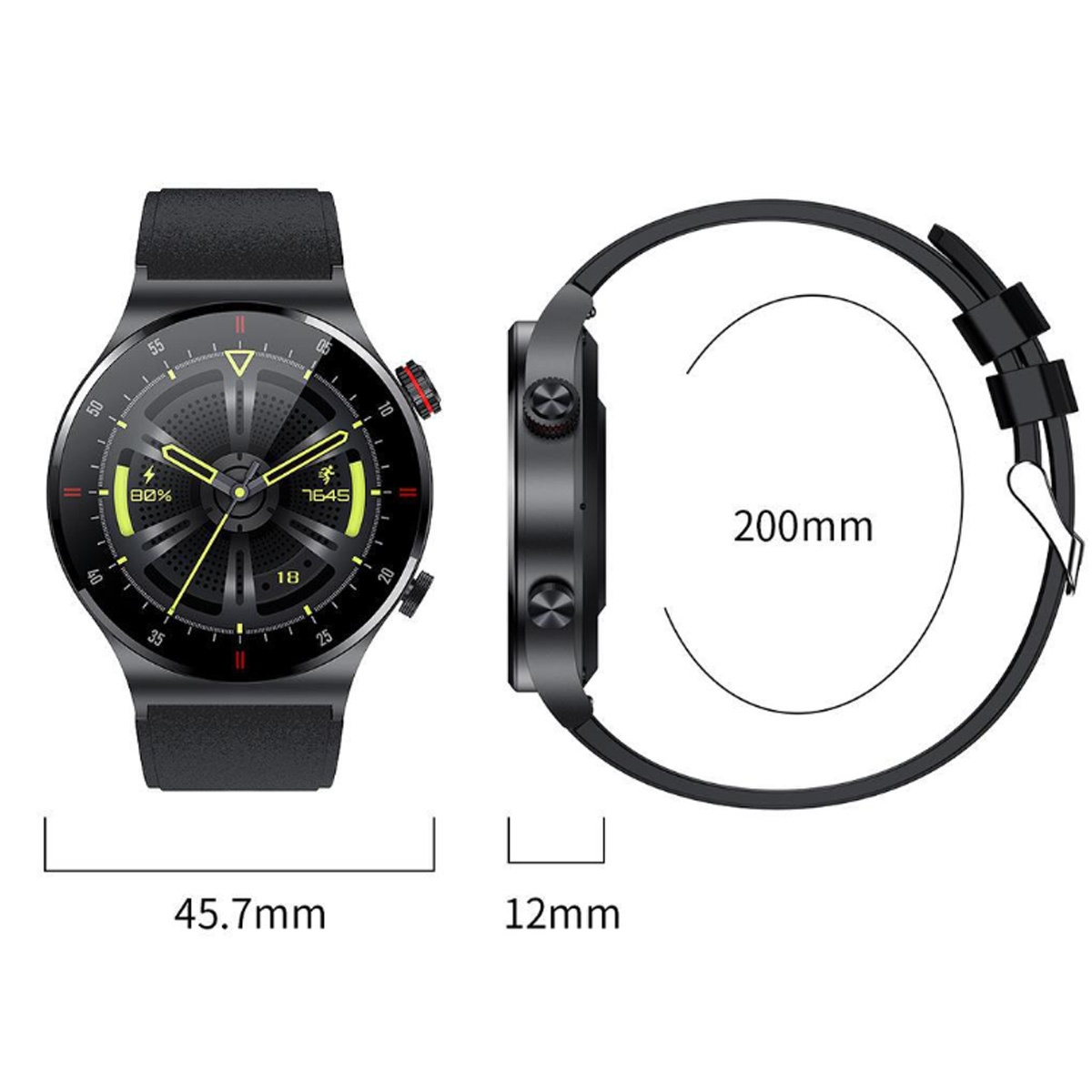 Eine schwarze Smartwatch mit kreisförmigem Bildschirm, der Daten anzeigt. Abmessungen sind angegeben.
