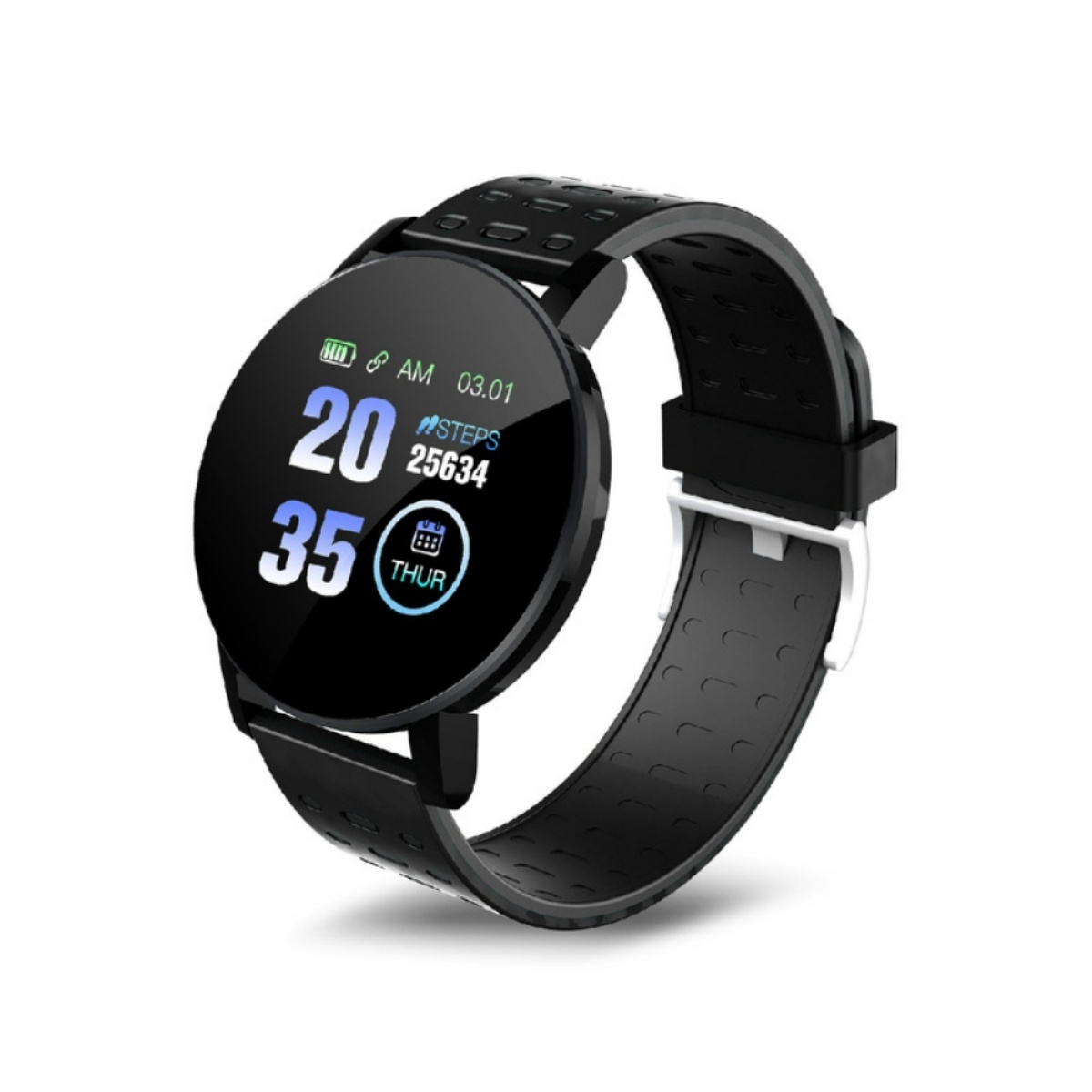 Schwarze Smartwatch mit rundem Display. Sie zeigt Uhrzeit, Akku, Schritte und Datum an. Schwarzes Armband.