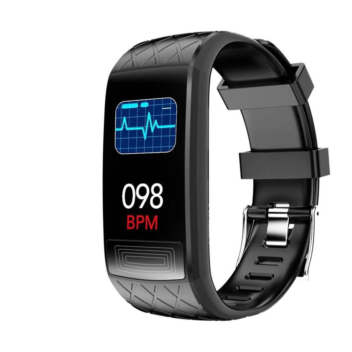 Schwarze Smartwatch mit Herzfrequenzdaten. Die Uhr hat ein schwarzes Armband.