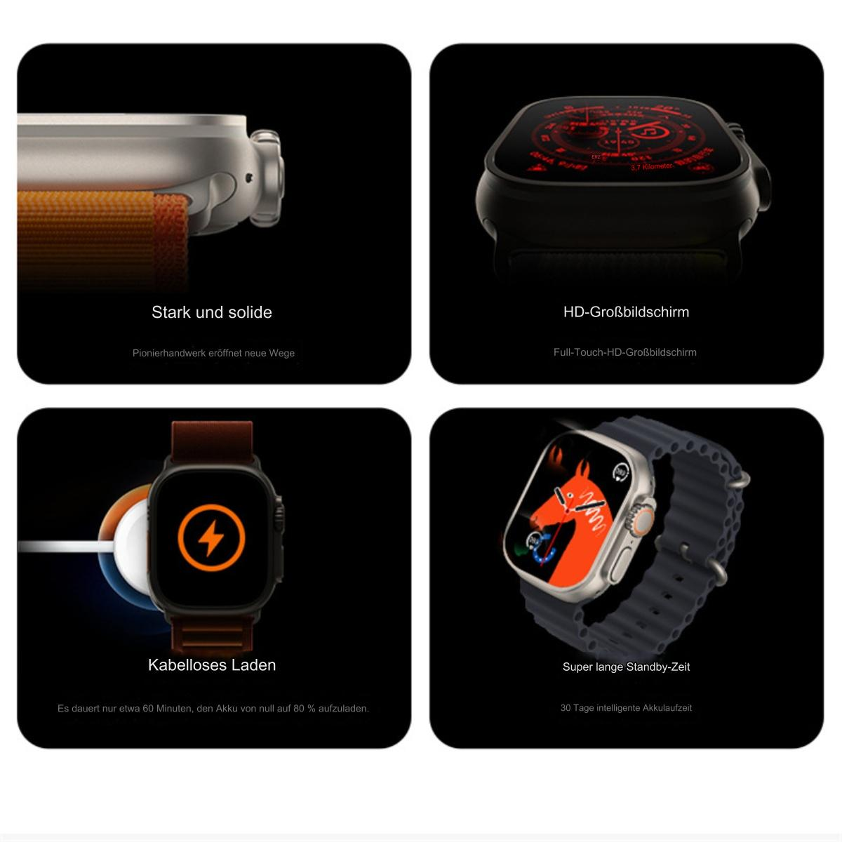 Vier Apple Watch Ansichten: Silber, schwarz, orange Armband, schwarz mit Pferd.