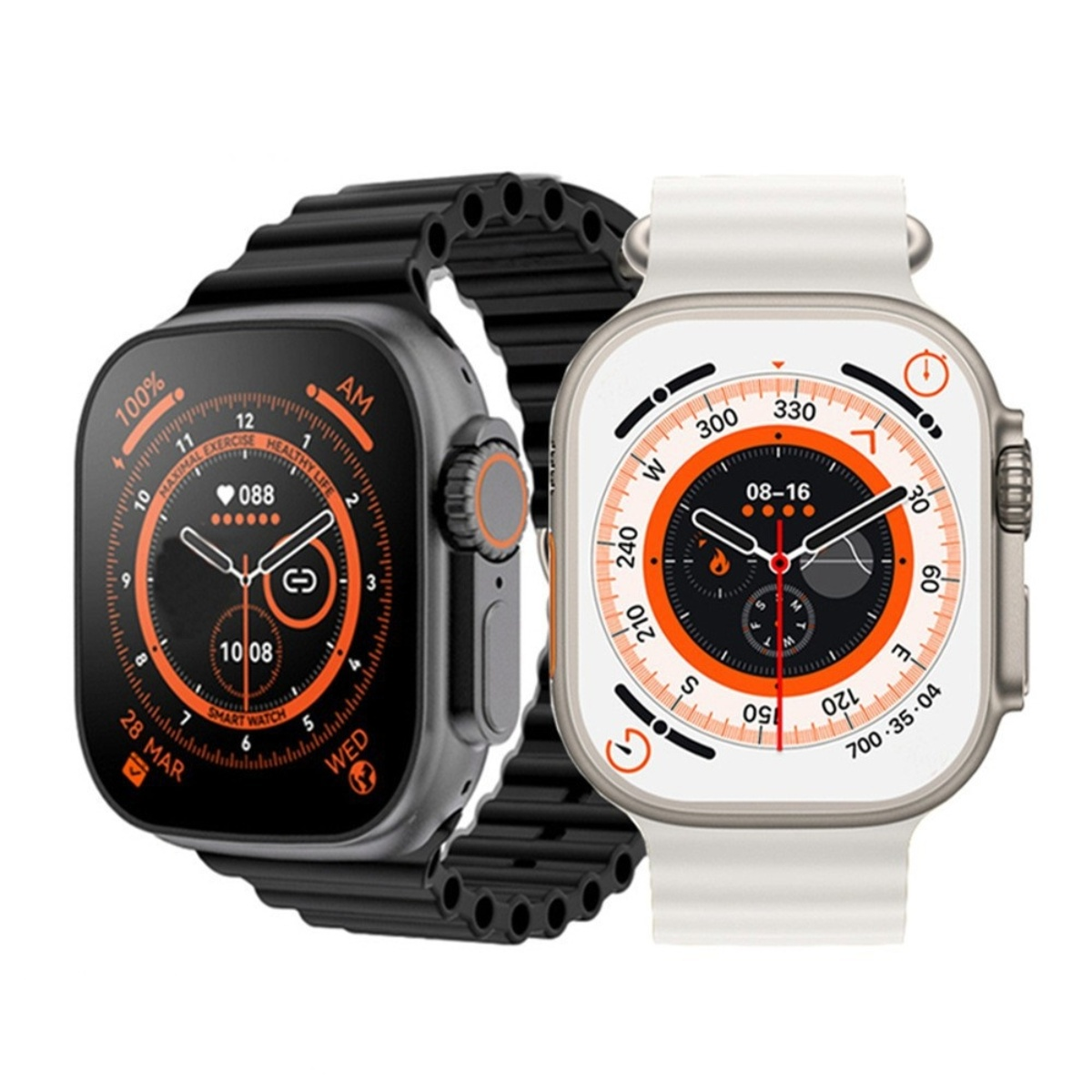 Zwei Smartwatches, eine schwarz mit schwarzem Armband, eine weiß mit weißem.