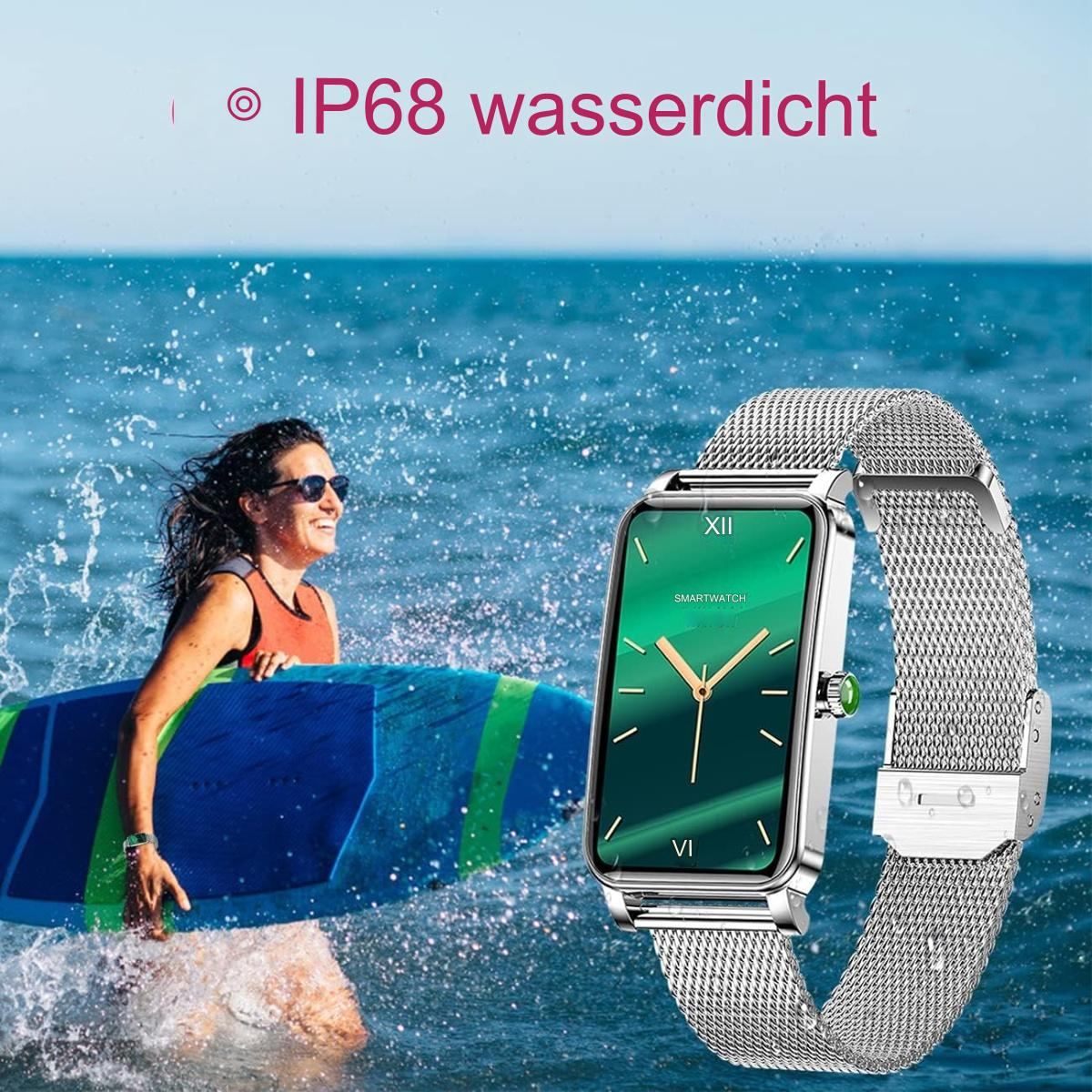 Frau mit Smartwatch am Handgelenk im Meer. Smartwatch silberfarben, grünes Display.