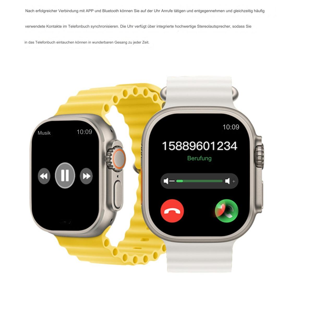 Zwei Smartwatches mit gelben und weißen Bändern. Eine zeigt einen Anrufbildschirm, die andere Musiksteuerungen.