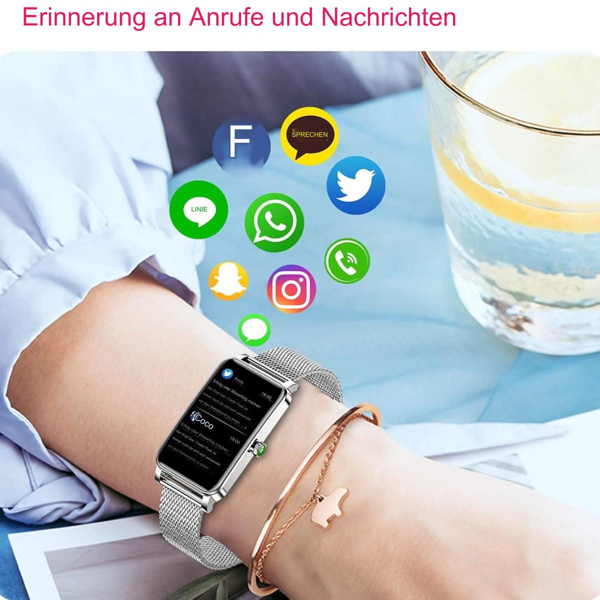 Handgelenk mit Smartwatch und Armband. Im Hintergrund Social-Media-Icons.