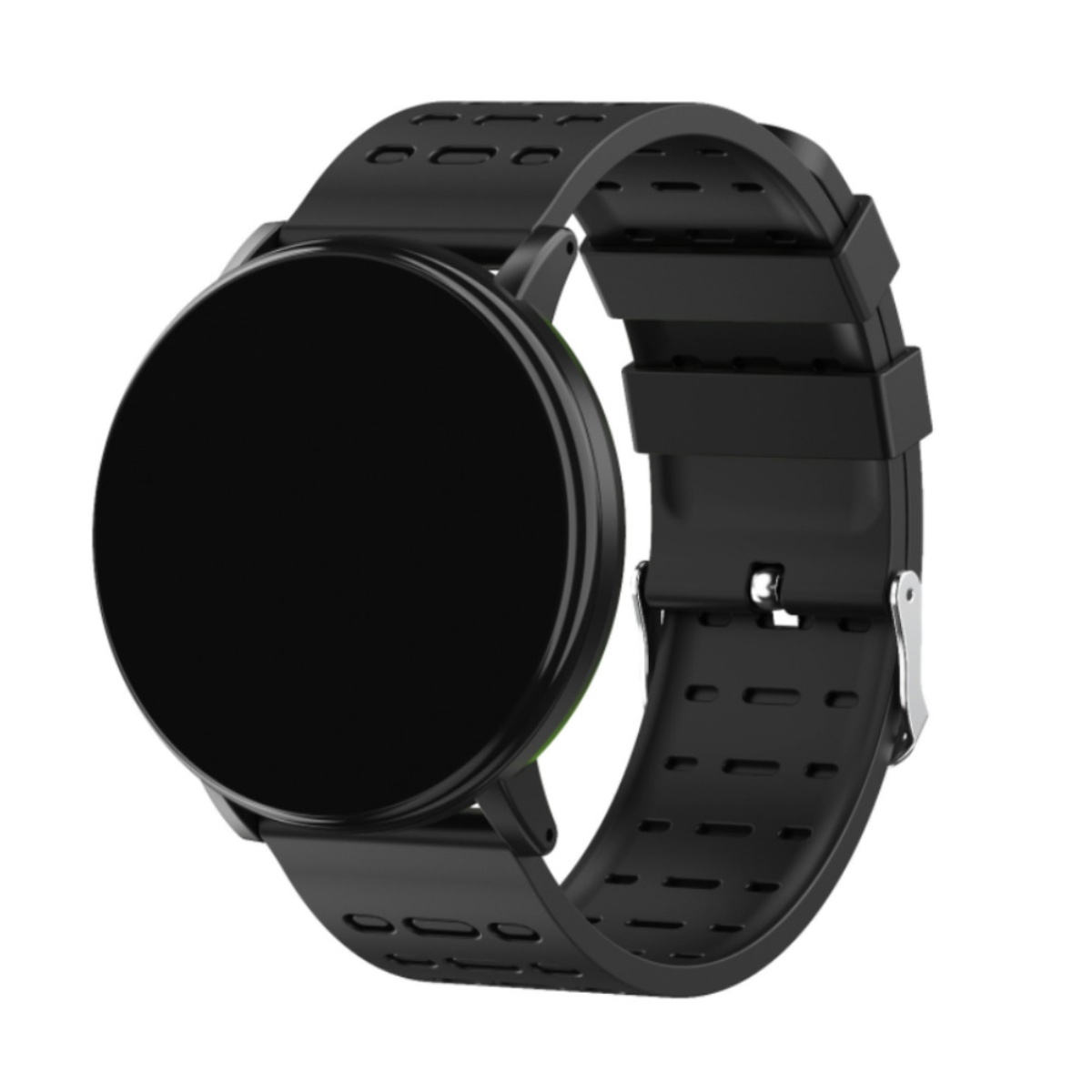 Schwarze Smartwatch, rundes Zifferblatt, schwarzes Armband. Weißer Hintergrund.