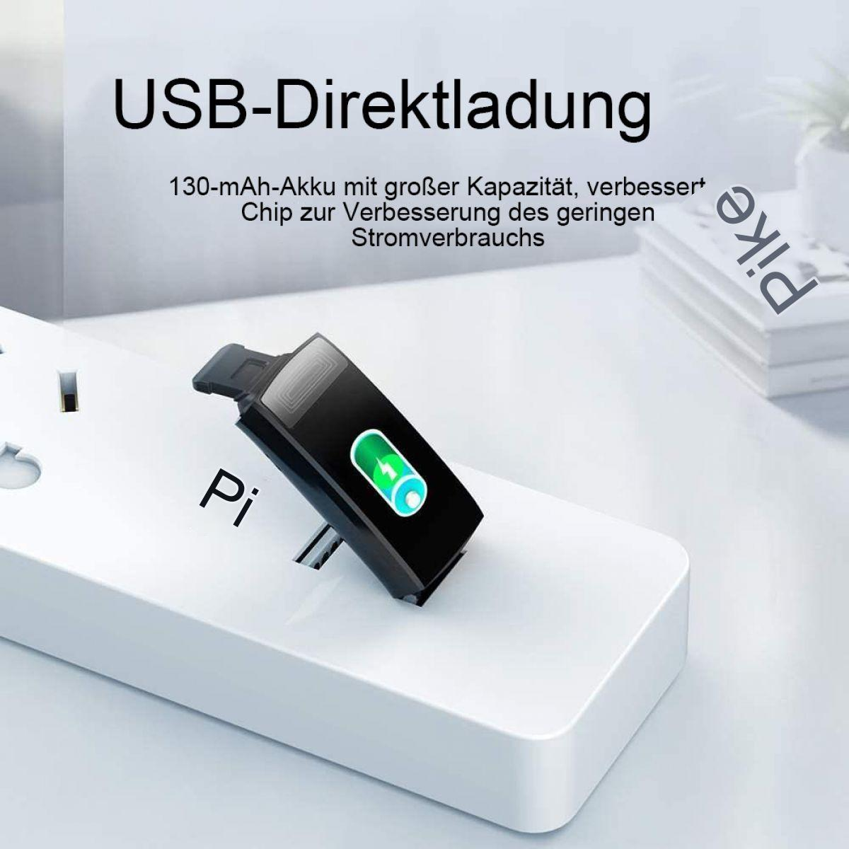 Ein schwarzer Fitnesstracker, der an einer weißen Steckdose geladen wird. Text lautet: USB-Direktladung.