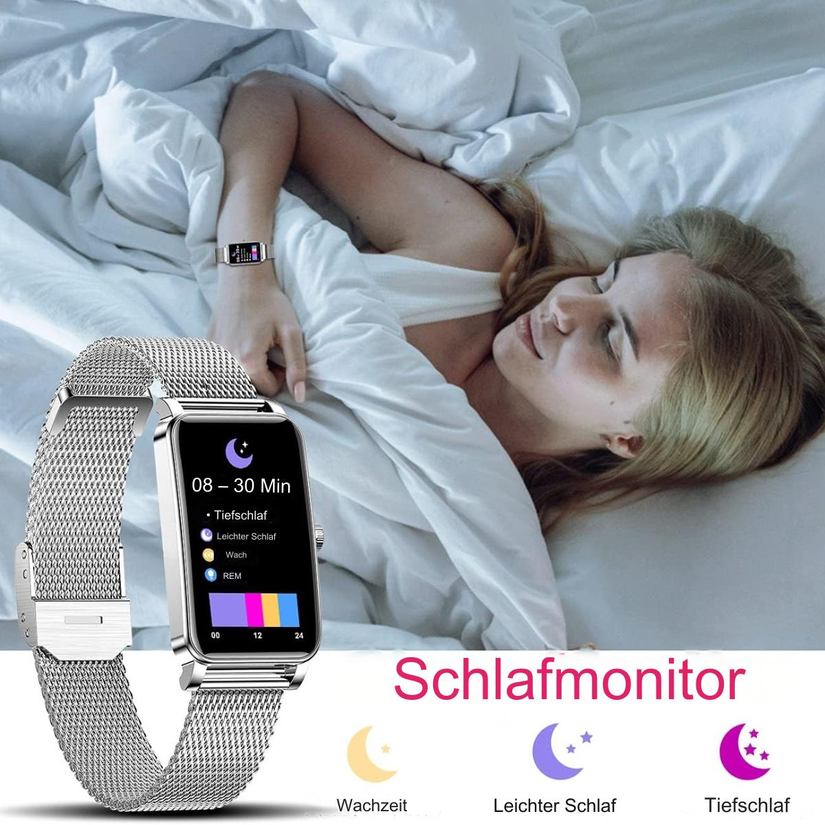 Eine Frau liegt im Bett und trägt eine Schlafüberwachungsuhr. Die Uhr zeigt Schlafphasen an.