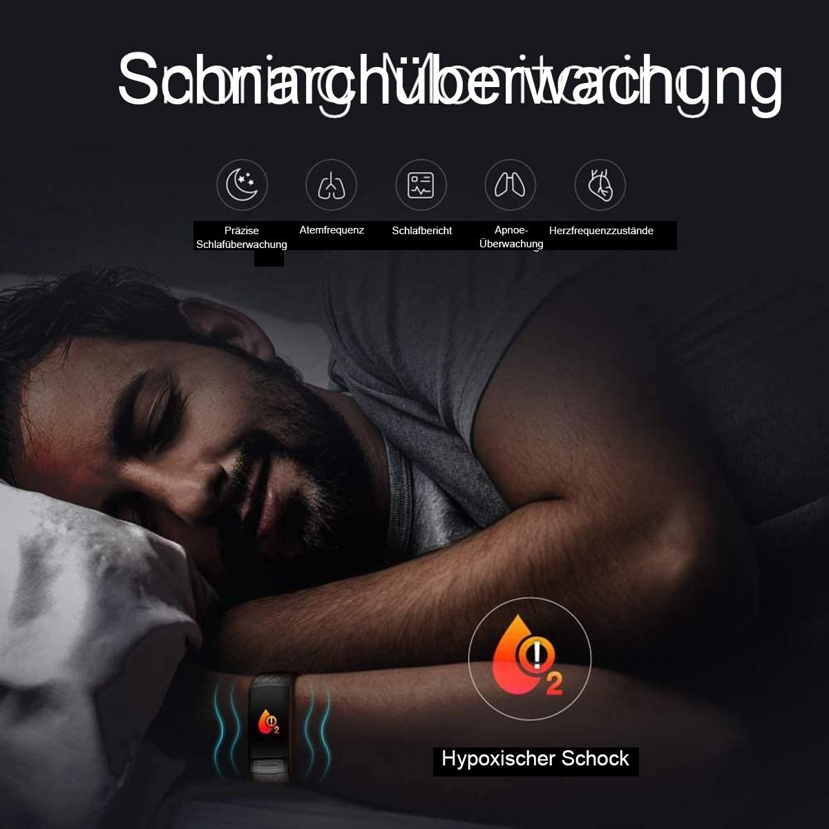 Eine Person schläft mit einem Smartband am Handgelenk. Es zeigt den Sauerstoffgehalt und Schlafdaten an.