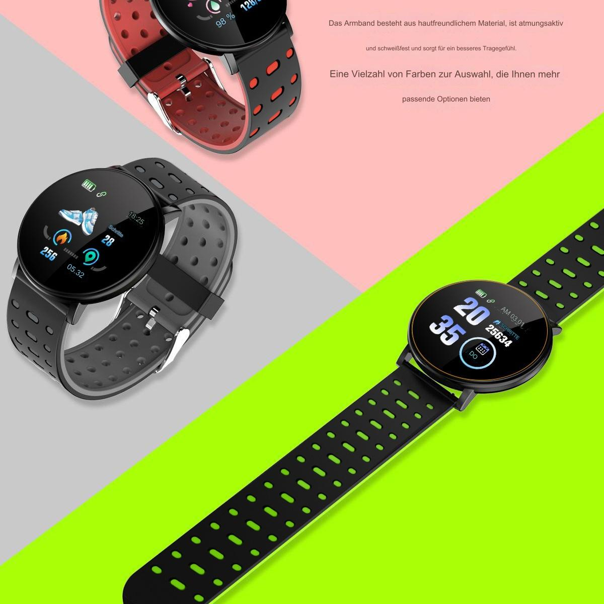Drei Smartwatches mit schwarzen und roten Armbändern auf farbenfrohem Hintergrund. Zeigt verschiedene Daten an.