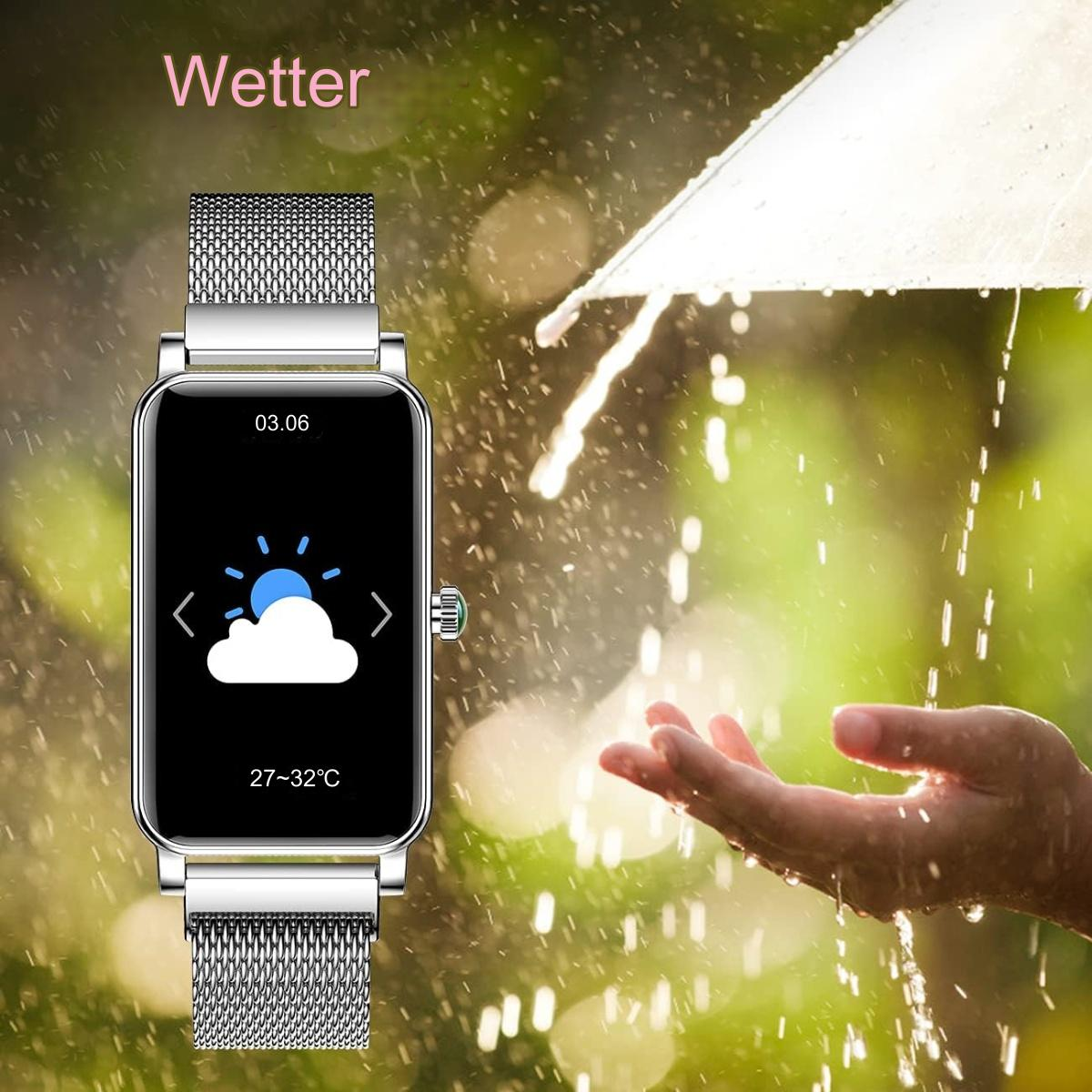 Smartwatch mit Wetterinfo, silbernem Armband und verschwommenem Regen-Hintergrund.