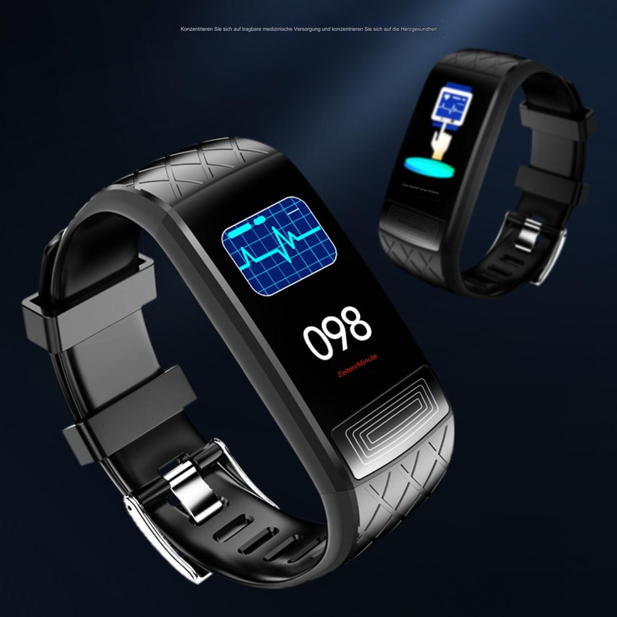 Zwei schwarze Smartwatches. Eine zeigt die Herzfrequenz, die andere eine Grafik.