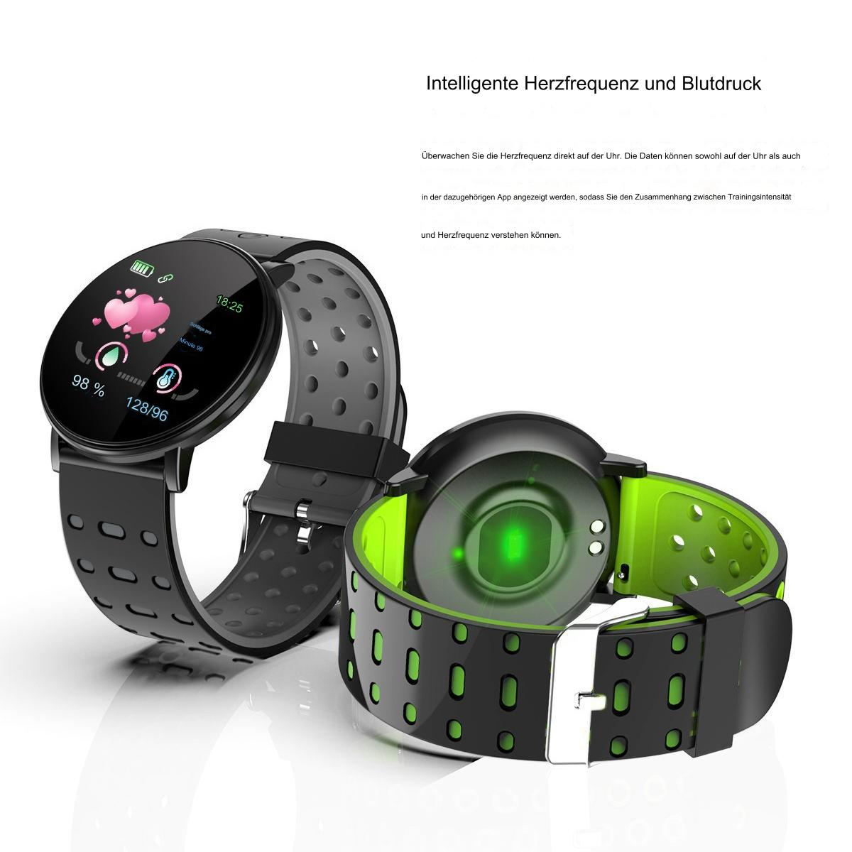 Zwei Smartwatches. Eine schwarz, eine schwarz und grün. Anzeigen auf Bildschirmen.