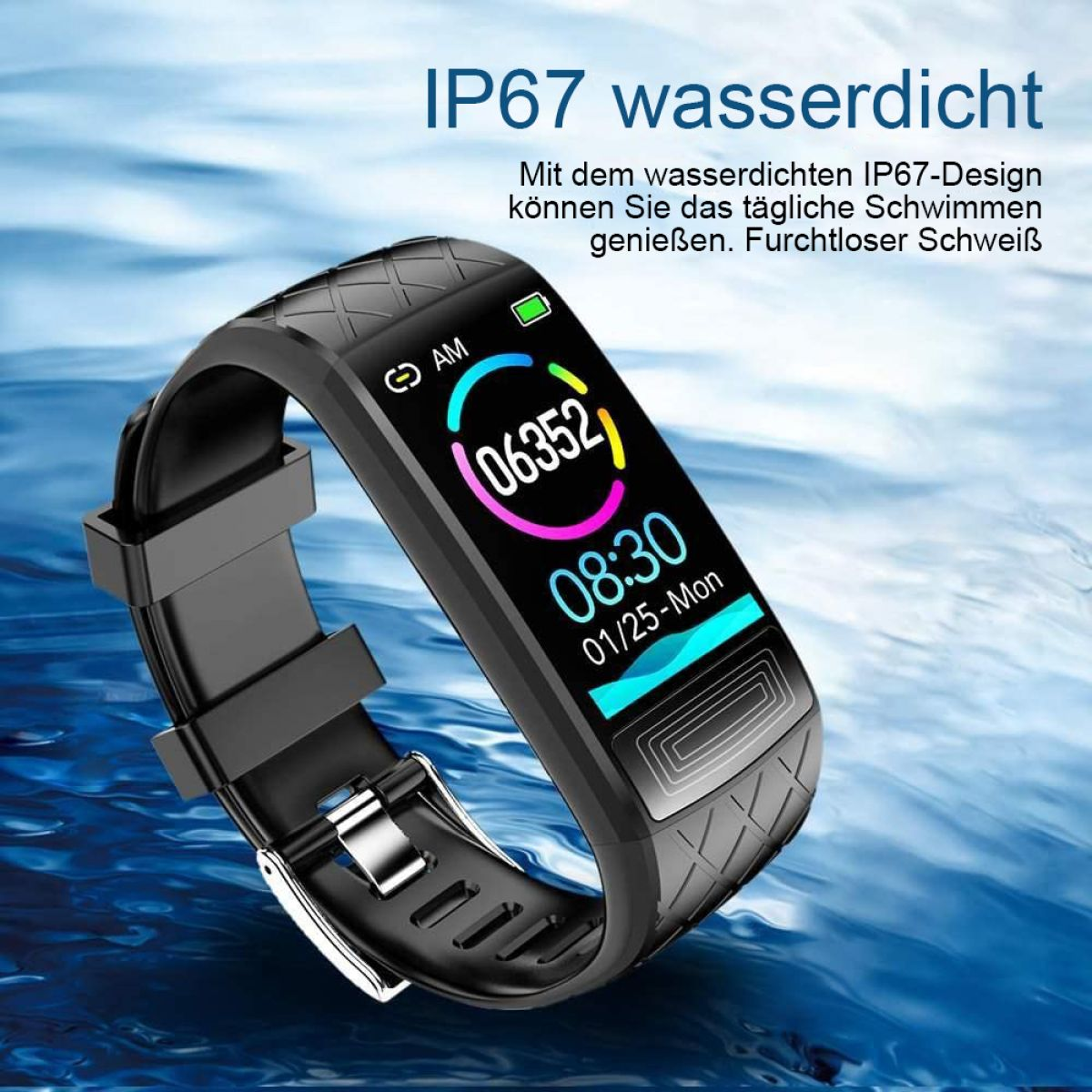 Schwarze Smartwatch auf blauem Wasserhintergrund. Zeigt Zeit, Herzfrequenz und Akku.
