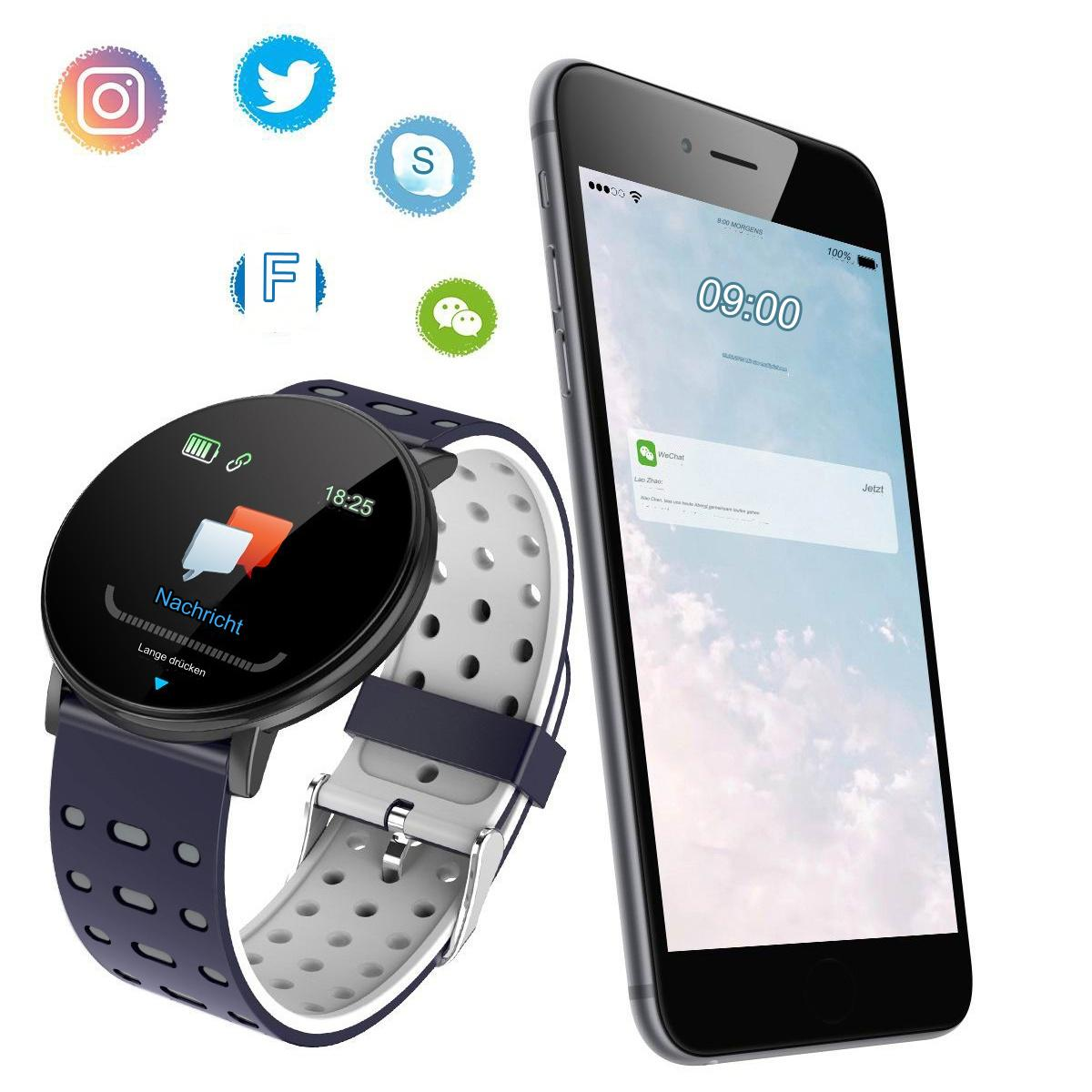 Smartwatch und Telefon. Die Uhr zeigt eine Nachrichtenbenachrichtigung an. Social-Media-Symbole sind sichtbar.