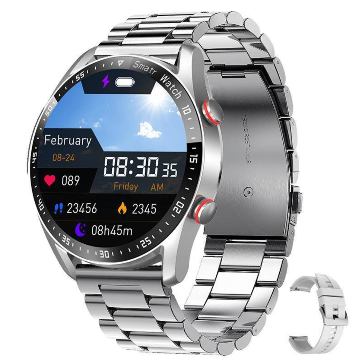 Eine silberne Smartwatch mit Edelstahlarmband. Der Bildschirm zeigt Zeit, Datum und Gesundheitsmetriken.