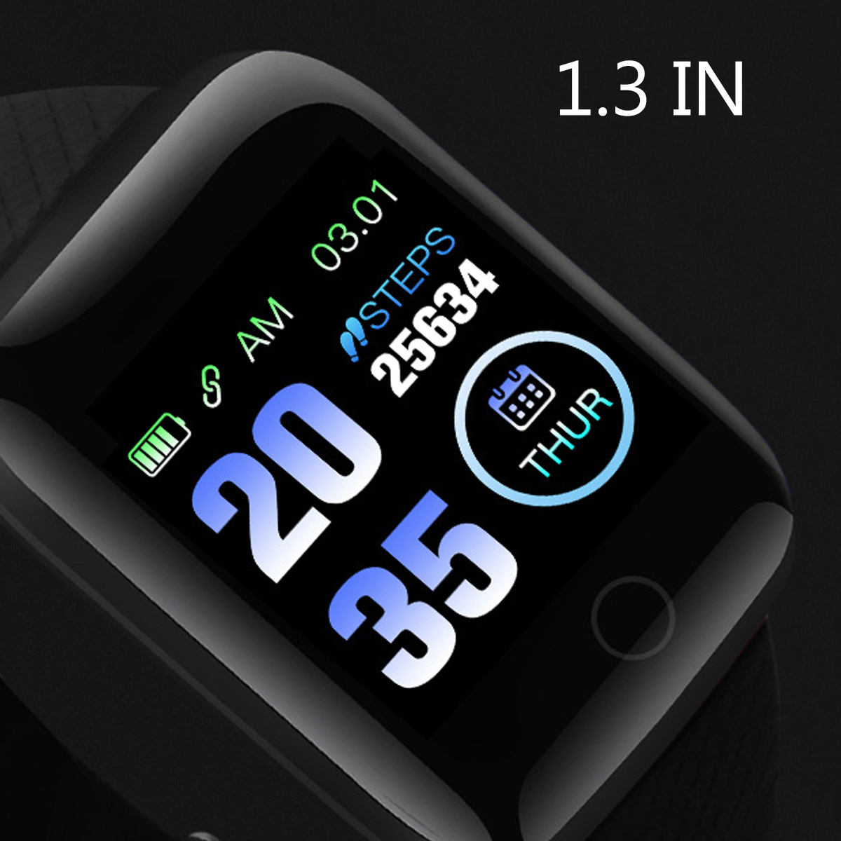 Smartwatch-Bildschirm mit Zeit, Schritten und anderen Daten. Zahlen sind groß und gut sichtbar.