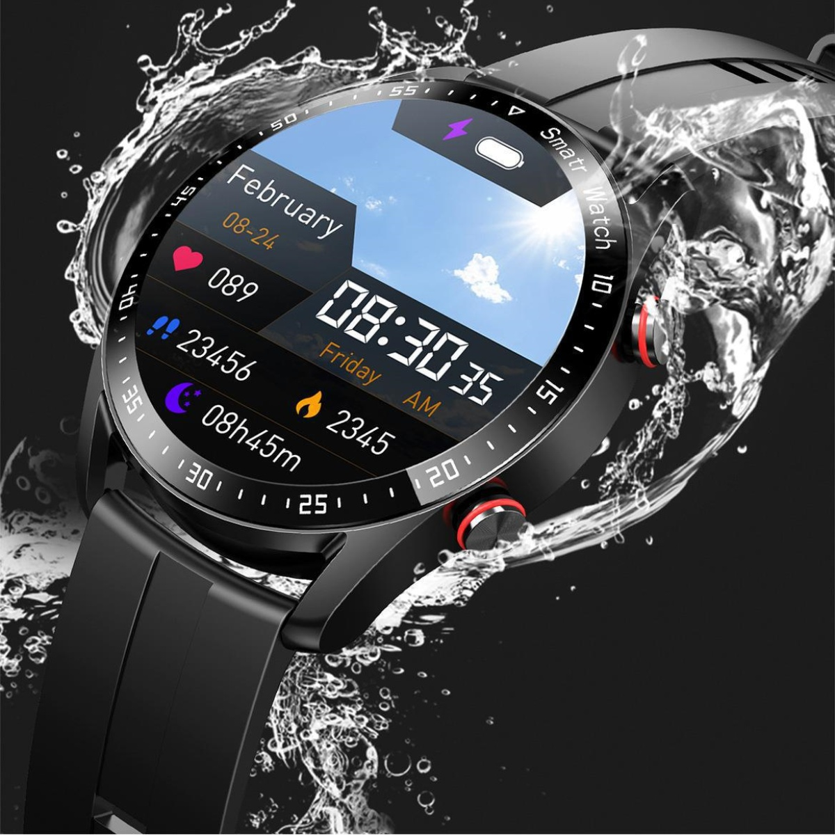 Schwarze Smartwatch mit Zeit- und Gesundheitsmetriken, umgeben von Wasserspritzern.