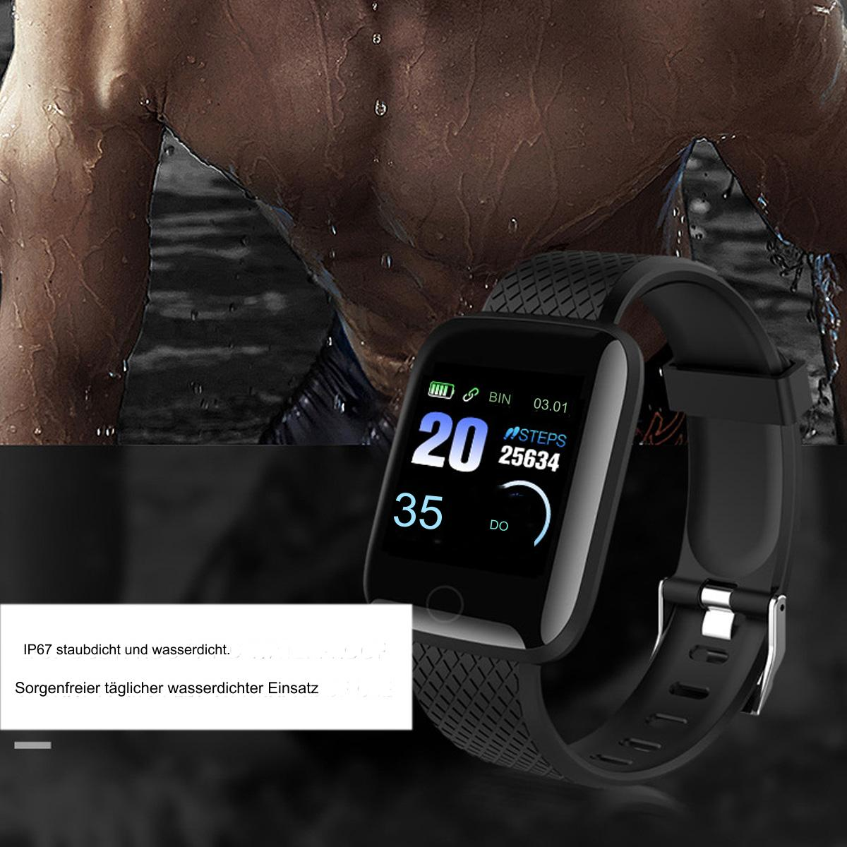 Ein schwarzer Fitness-Tracker am Handgelenk. Der Bildschirm zeigt Zeit und Schrittzahl an. Der Torso einer Person ist unscharf.