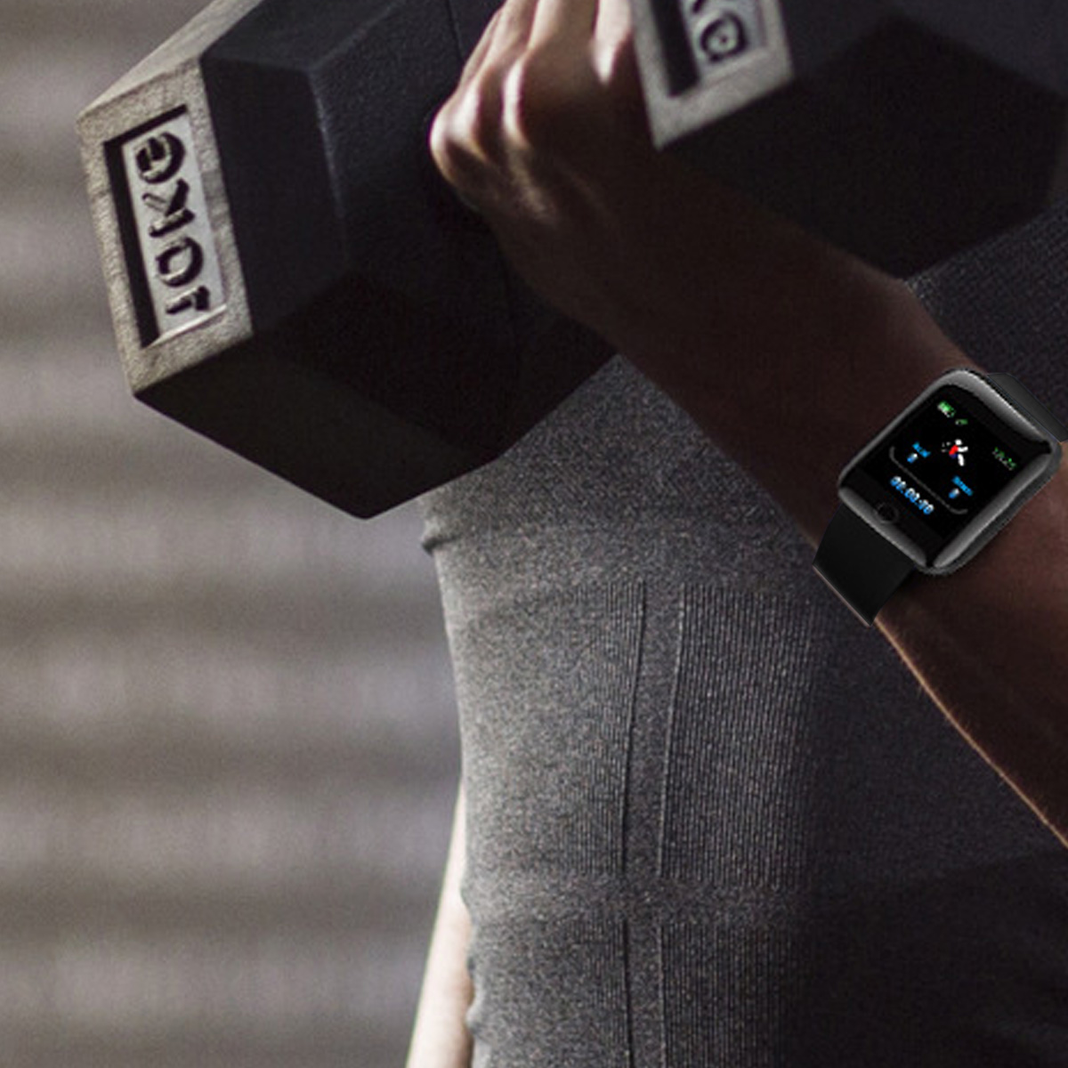 Eine Person mit Smartwatch hebt eine Hantel. Die Uhr zeigt Trainingsdaten an.